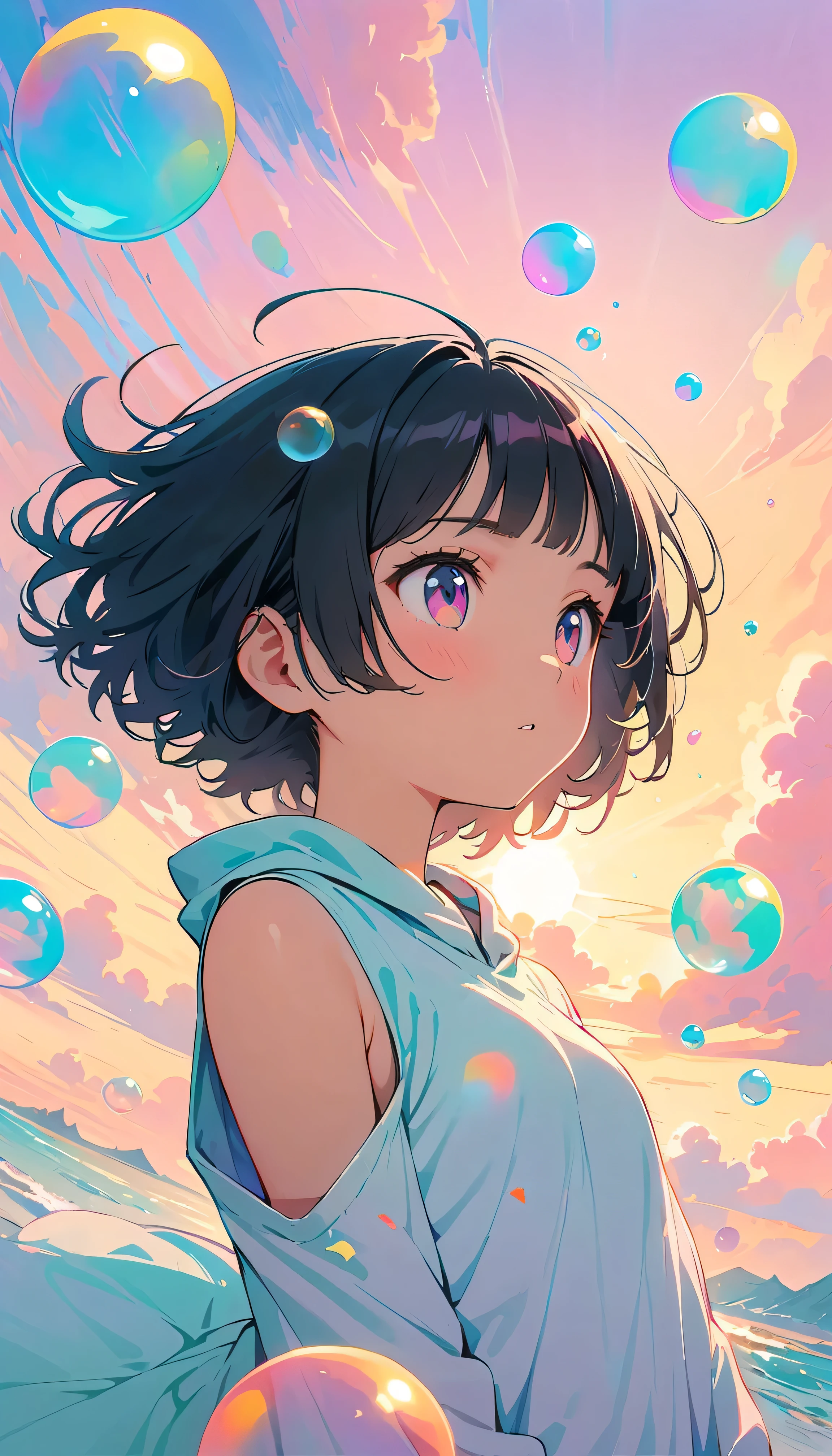 Best Quality, Super Fine, 8k, Unbelievably absurd, Very detailed, 2.5D, Beautiful Goddess, Soap bubbles, Pastel colored clouds, Sunshine, Pop Art, Delicate and dynamic, Pastel Color Fantasy, Black Hair, Bobcut, Very young, Small breasts, Official Art