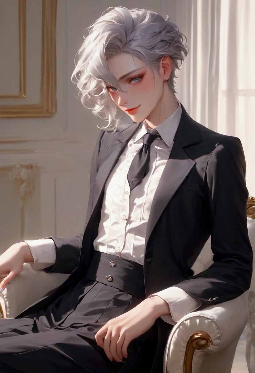 core_9, score_8_up, score_7_up, Very beautiful boy,Sit on a chair, smile,Butler&#39;s uniform,tie,slacks,Monocle,Silver Hair,Semi-long,Side Tail,terrace,Unreal beauty,Captivating eyes,Thin chest, femboy, trap, Sweating,Beautiful Shadows,Best Quality, (Intricate details), Cinematic Light,Ray Tracing