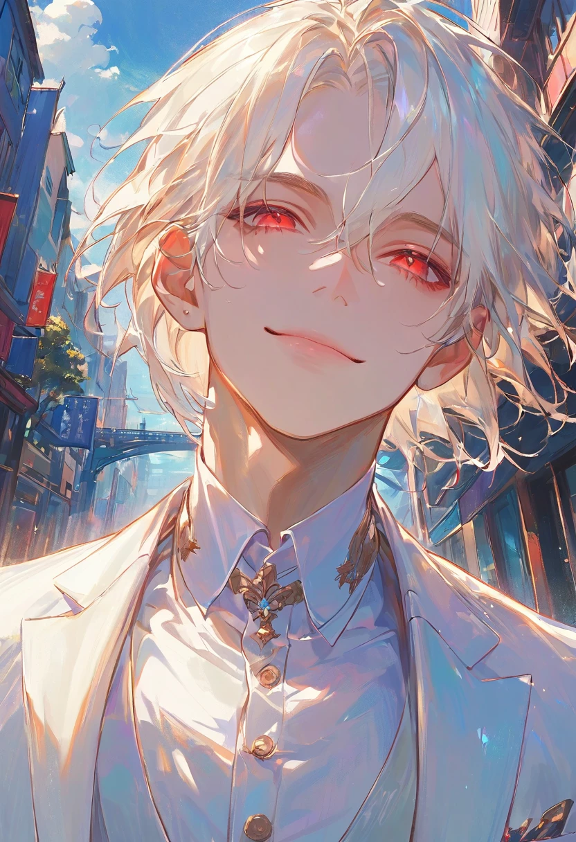 materpiece,1male,gentle,handsome,white hair,short hair,hair between eyes,red eyes,laughs with eyes,closed mouth,white suit,white dress shirt,upper body,looking at viewer,day,road of city