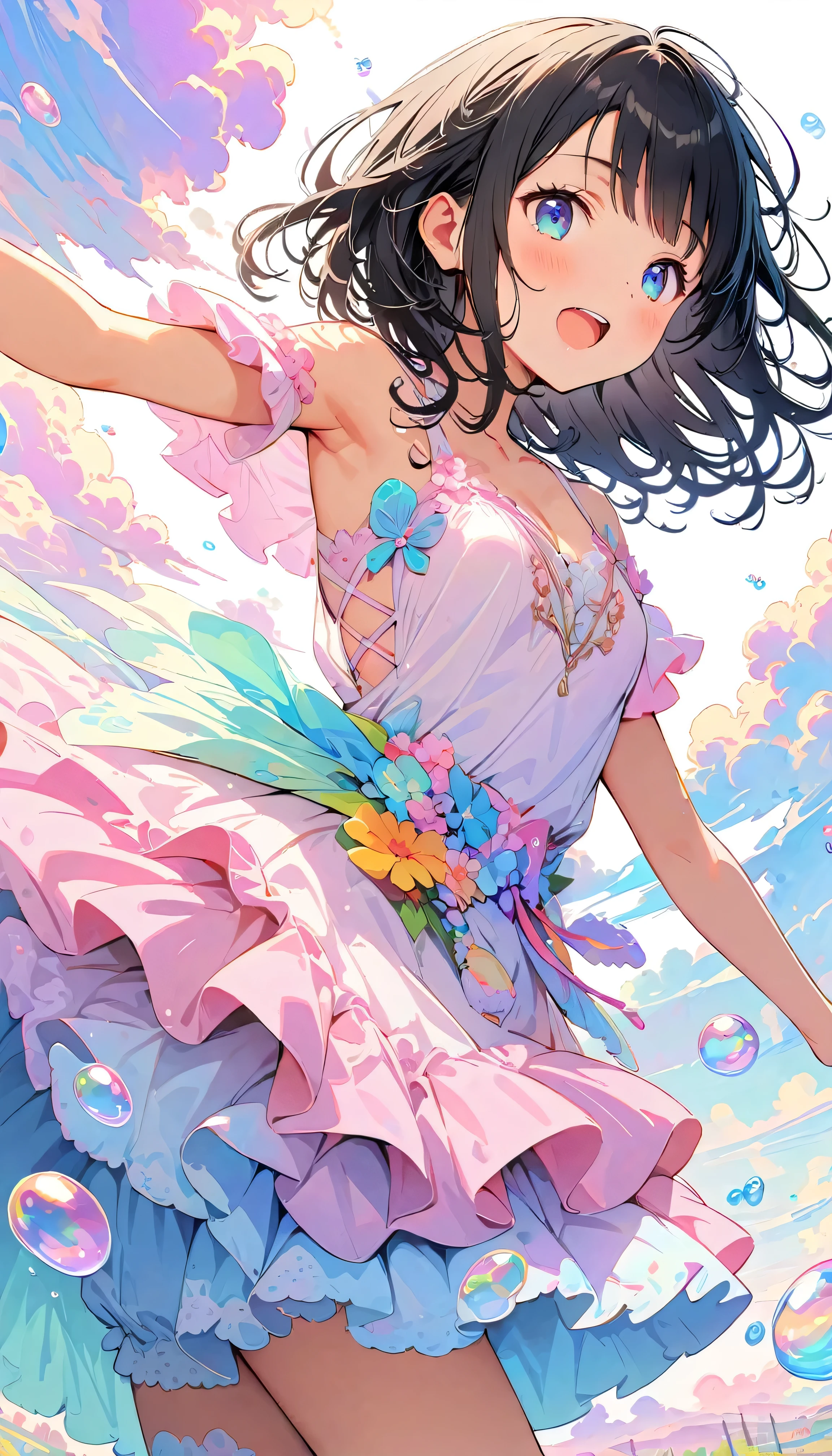 Best Quality, Super Fine, 8k, Unbelievably absurd, Very detailed, 2.5D, Beautiful Goddess, Soap bubbles, Pastel colored clouds, Sunshine, Pop Art, Delicate and dynamic, Pastel Color Fantasy, Black Hair, young, Small breasts, Official Art