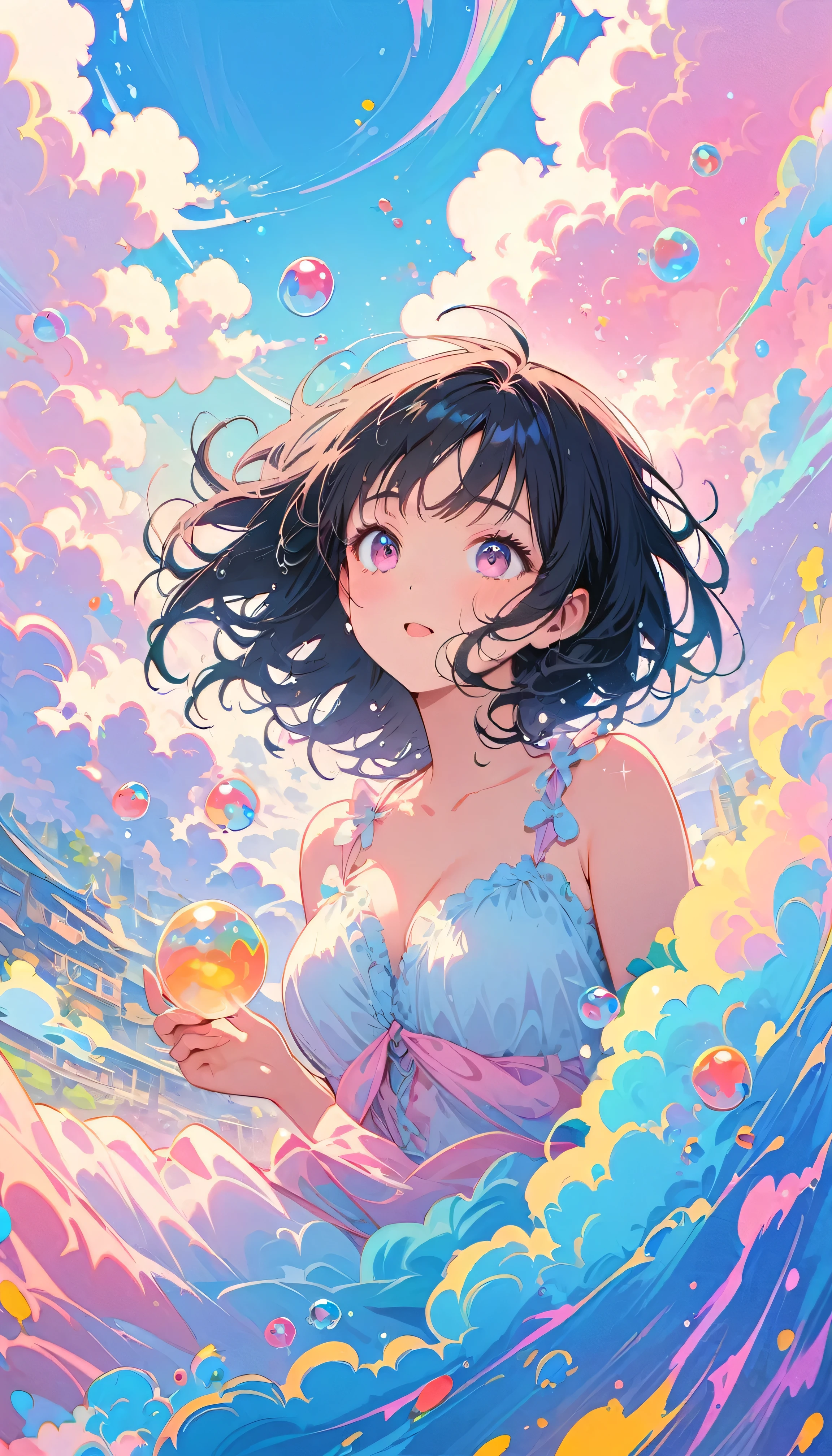 Best Quality, Super Fine, 8k, Incredibly absurd, Very detailed, 2.5D, Beautiful Goddess, Soap bubbles, Pastel colored clouds, Sunshine, Pop Art, Delicate and dynamic, Pastel color fantasy, Black Hair, Official Art