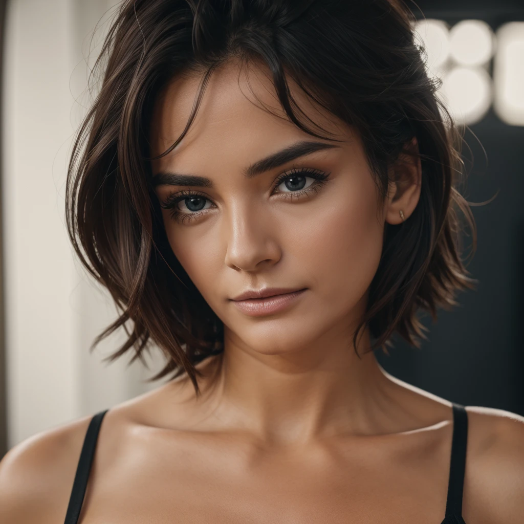 an ultra realistic photo in 4k of a woman with details on the contrast and naked, fine type with brownish black hair