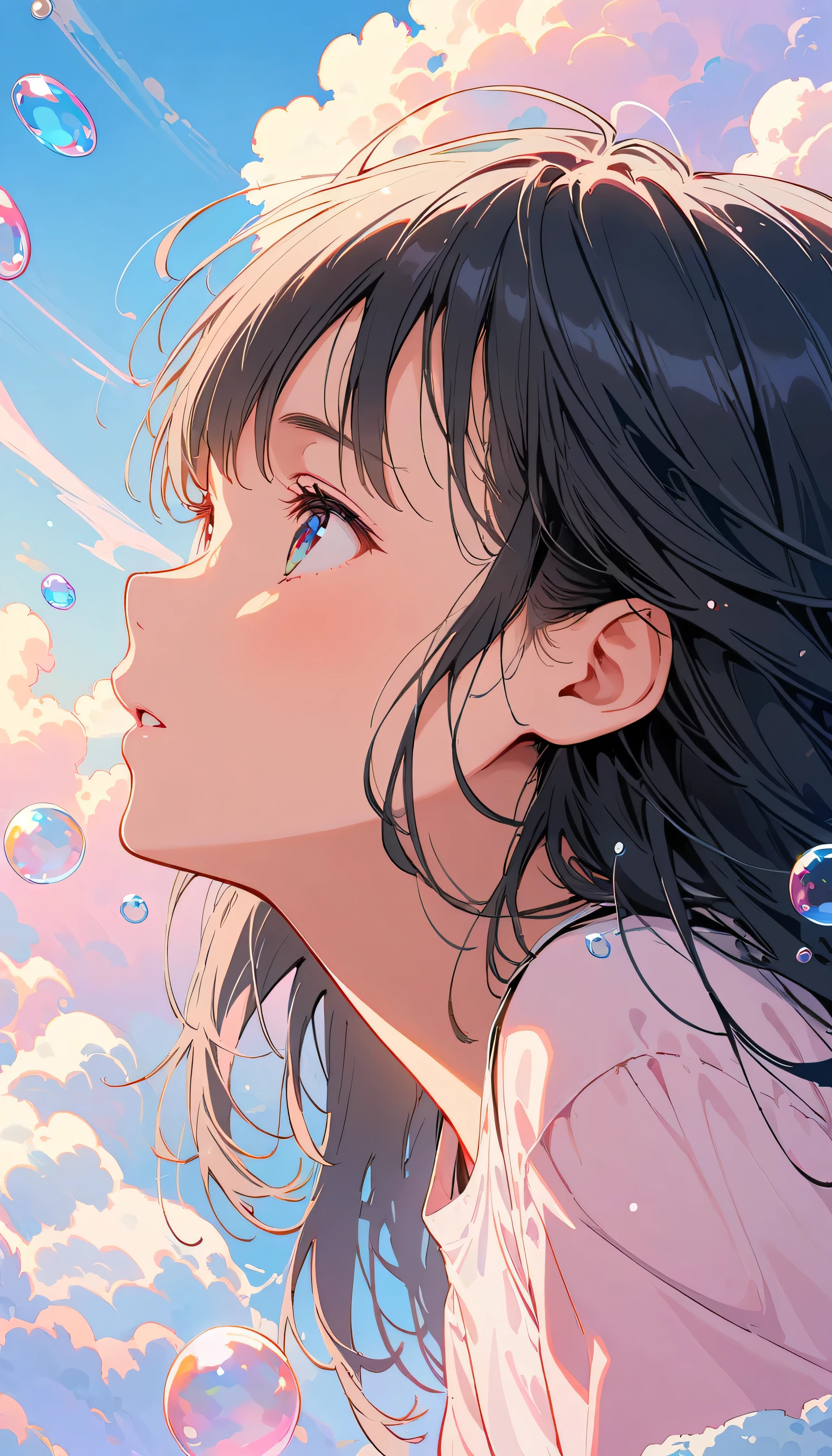 Best Quality, Super Fine, 8k, Unbelievably absurd, Very detailed, 2.5D, Beautiful Goddess, Soap bubbles, Pastel colored clouds, Sunshine, Pop Art, Delicate and dynamic, Pastel Color Fantasy, Black Hair, young, Small breasts, Official Art