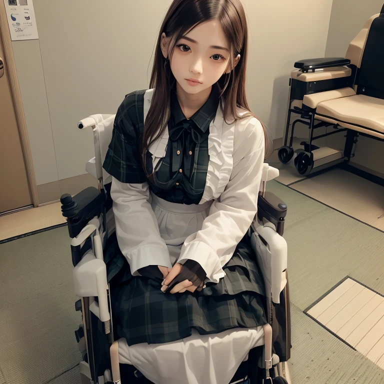 1girl,1boy,((((realistic very cute japanese anorexic girls is on wheelchair:1.5))))),((((fierce security guard is standing behind wheelchair)))),4K, 8K, (Masterpiece, best quality:1.2),Very realistic eyes, perfect face,24years old,(((thin girl:1.5))),(((skinny girl:1.5))),(((slim girl:1.5))),((small girl)),((childish girl)),shinny white skin,Narrow waist,((wearing white ruffle blouse,green and black plaid skirt,brown leather lace up boots)),dark brown semi long hair,In the waiting room of a large hospital,long shot