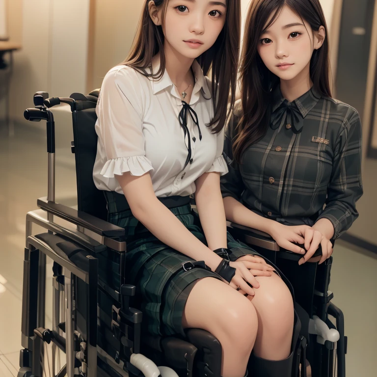 1girl,1boy,((((realistic very cute japanese anorexic girls is on wheelchair:1.5))))),((((fierce security guard is standing behind wheelchair)))),4K, 8K, (Masterpiece, best quality:1.2),Very realistic eyes, perfect face,24years old,(((thin girl:1.5))),(((skinny girl:1.5))),(((slim girl:1.5))),((small girl)),((childish girl)),shinny white skin,Narrow waist,((wearing white ruffle blouse,green and black plaid skirt,brown leather lace up boots)),dark brown semi long hair,In the waiting room of a large hospital,long shot