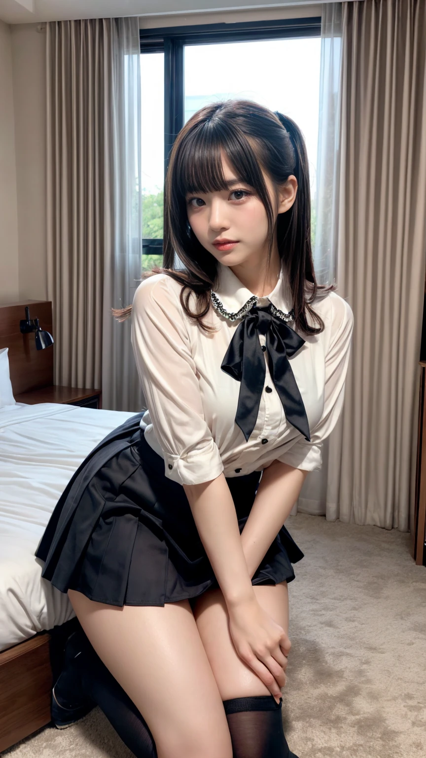 Pieces fly, Highest quality, figure, Very detailed, Fine details, High resolution, 8K,wallpaper, Perfect dynamic composition,(Detailed high quality, Realistic depiction of eyes:1.3), (Collared shirt:1.1), Pleated skirt, Knee-high socks, Large Breasts, Black hair color, Big Natural Color Lip, Bold sexy pose, (Perfect figure), Crying a little、Cold Stare, Harajuku Style、20-year-old girl、Cute type、ta、Beautiful feet, Hotel Rooms, Gravure idol pose, Voluptuous thighs