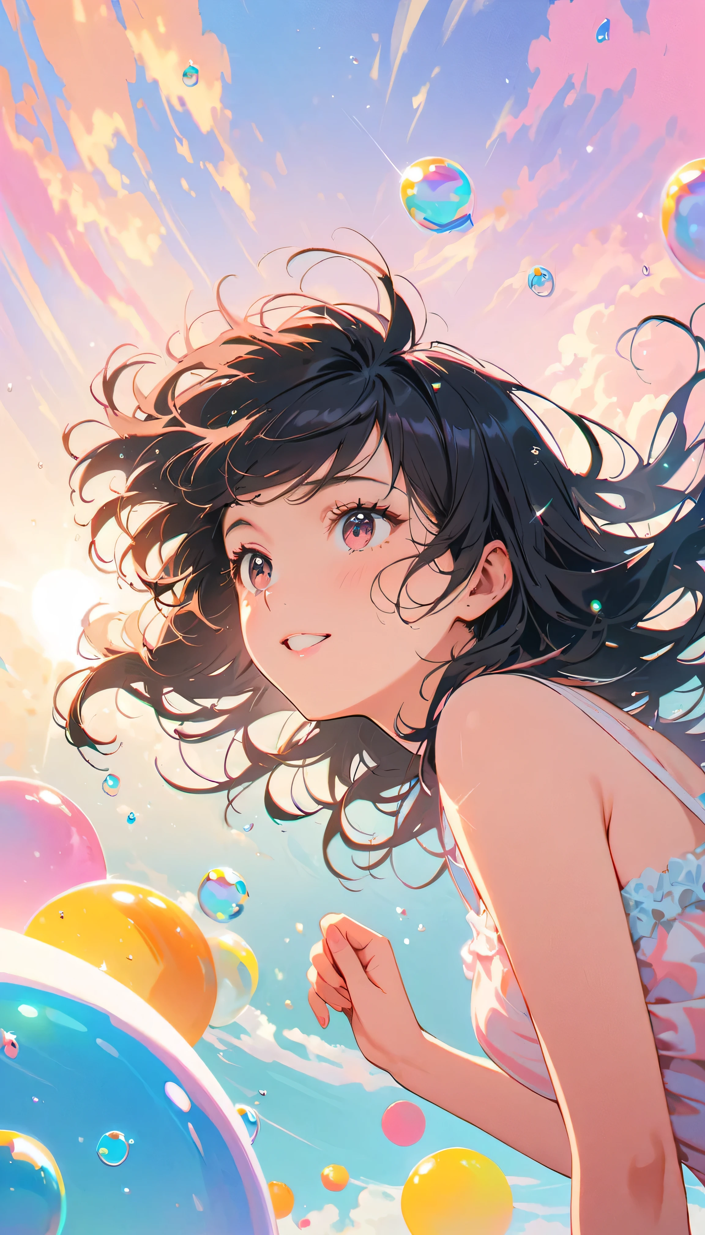 Best Quality, Super Fine, 8k, Incredibly absurd, Very detailed, 2.5D, Beautiful Goddess, Soap bubbles, Pastel colored clouds, Sunshine, Pop Art, Delicate and dynamic, Pastel color fantasy, Black Hair, Official Art