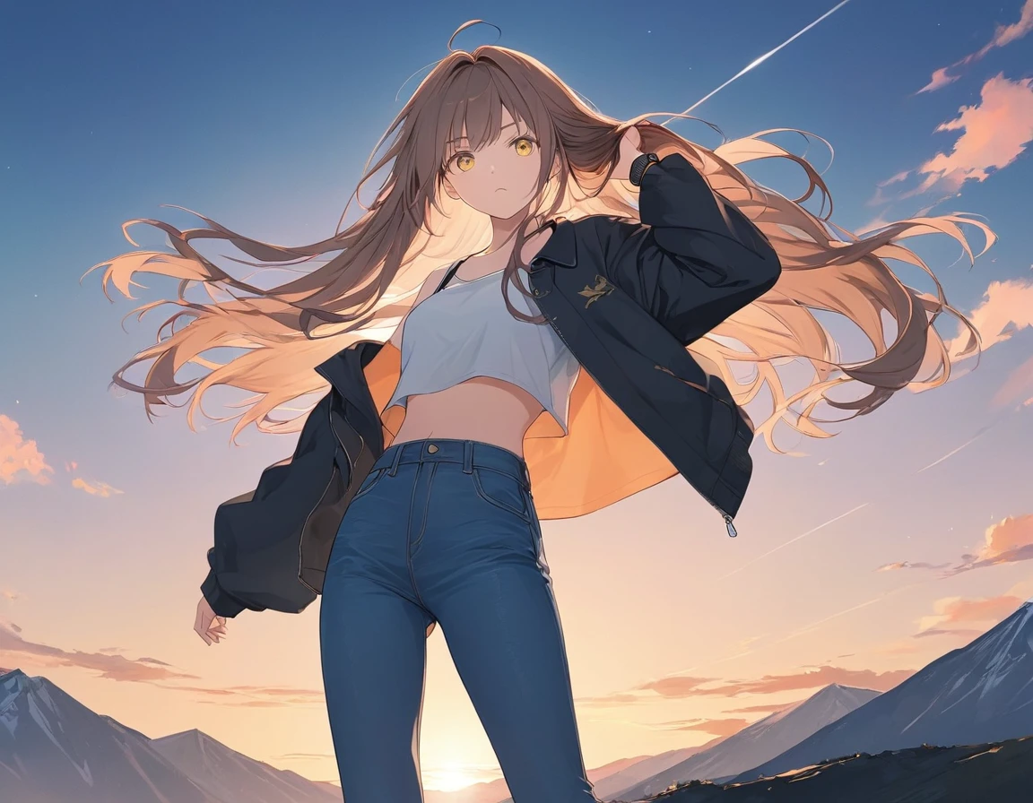 Anime Style,Woman holding her hair,Standing on the mountain top,Brown Hair,Long Hair,Blowing in the Wind,Yellow Eyes,Shining Eyes,Shining Eyesのハイライト 白いシャツ,Wear a black drop shoulder jacket,Wearing jeans, stern expression,Disgust,A scene from youth, emphasizing women,The background is an orange sunset,Low Angle,View from afar,A masterpiece with a moderately blurred background,Best Quality,Exquisite,8k,Absurd,Ultra-detailed illustrations,(Watch the audience)