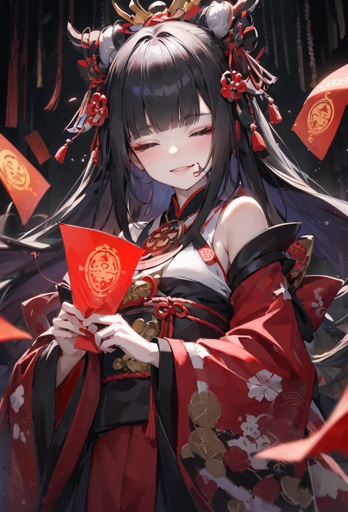 absurd res, high res, (masterpiece:1.4), ultra-detailed, 1girl, from above, space, floating, Chinese dress, red dress, stockings, black hair, golden eyes