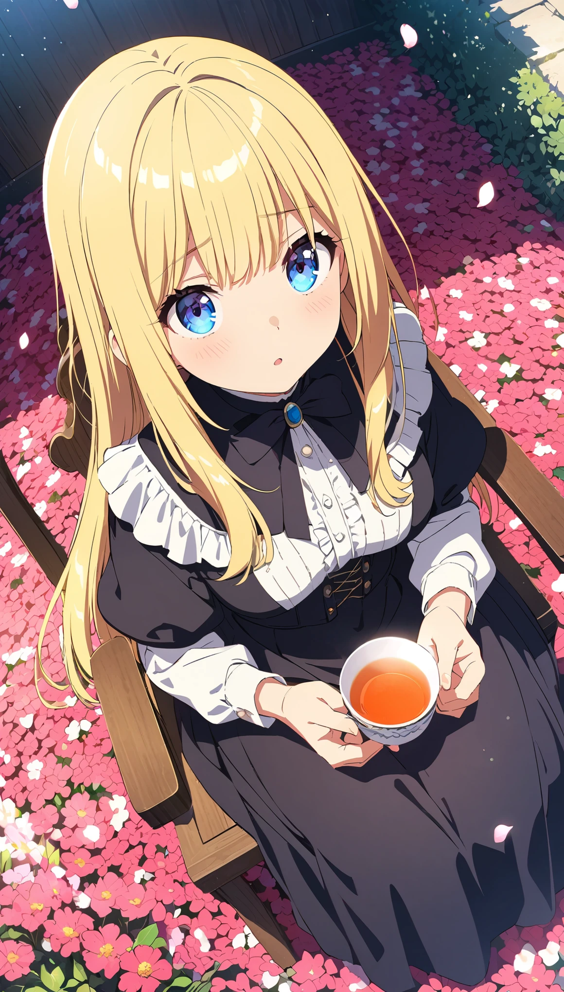(masterpiece: 1.2), (Very detailed: 1.2), (Very detailed CG: 1.2), (high quality: 1.2), (最high quality), 8k, Anime illustration,far and near method, Fisheye Shot, Ultra Wide Angle, Flower Field、Girl sitting on chair in the middle、Gothic black clothing、Blonde、Smooth long hair、Blue Eyes、Sitting on a chair drinking tea、My hair flutters in the breeze、Petals fluttering、Light effects
