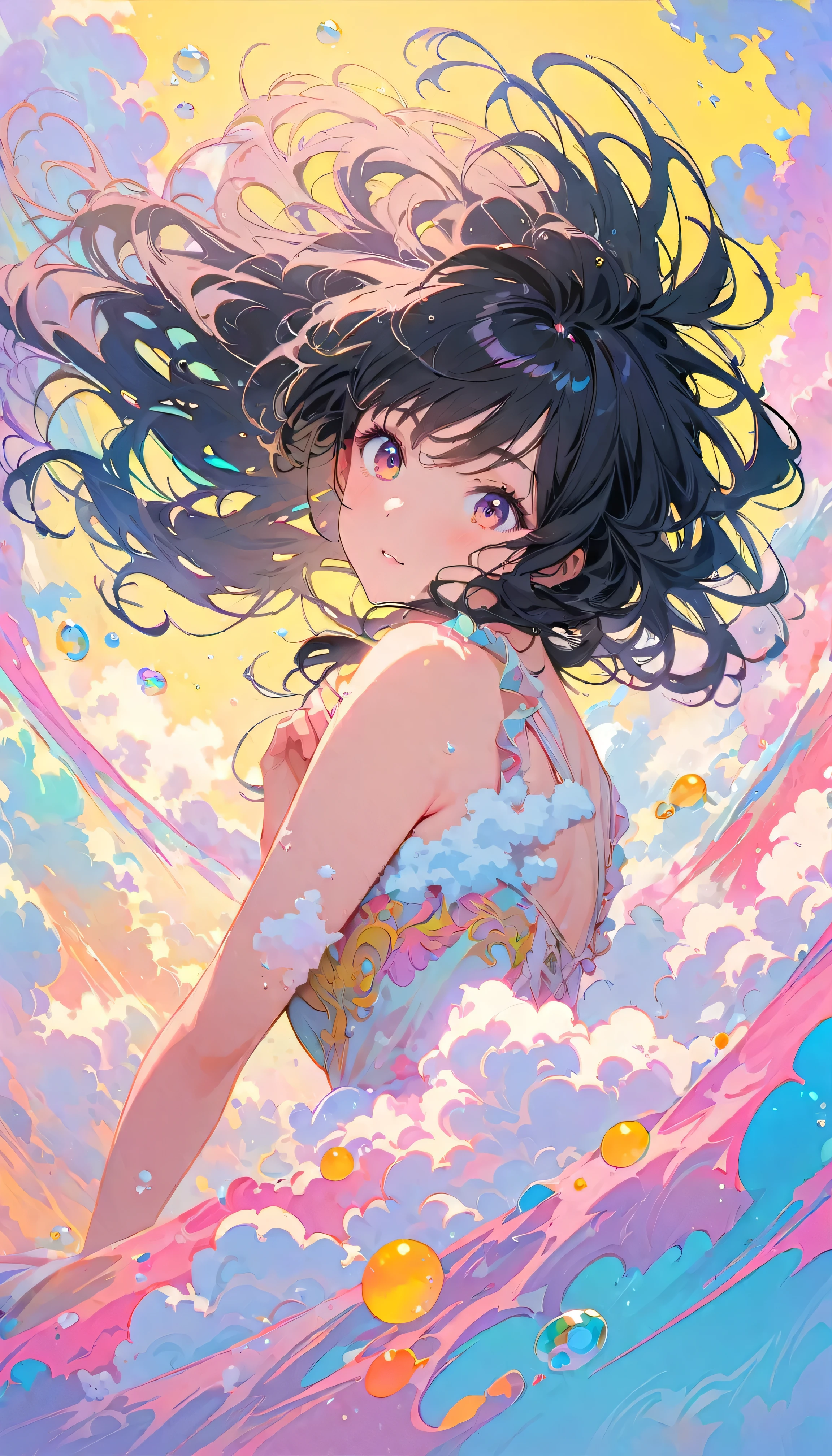 Best Quality, Super Fine, 8k, Unbelievably absurd, Very detailed, 2.5D, Beautiful Goddess, Soap bubbles, Pastel colored clouds, Sunshine, Pop Art, Delicate and dynamic, Pastel color fantasy, Black Hair, Official Art