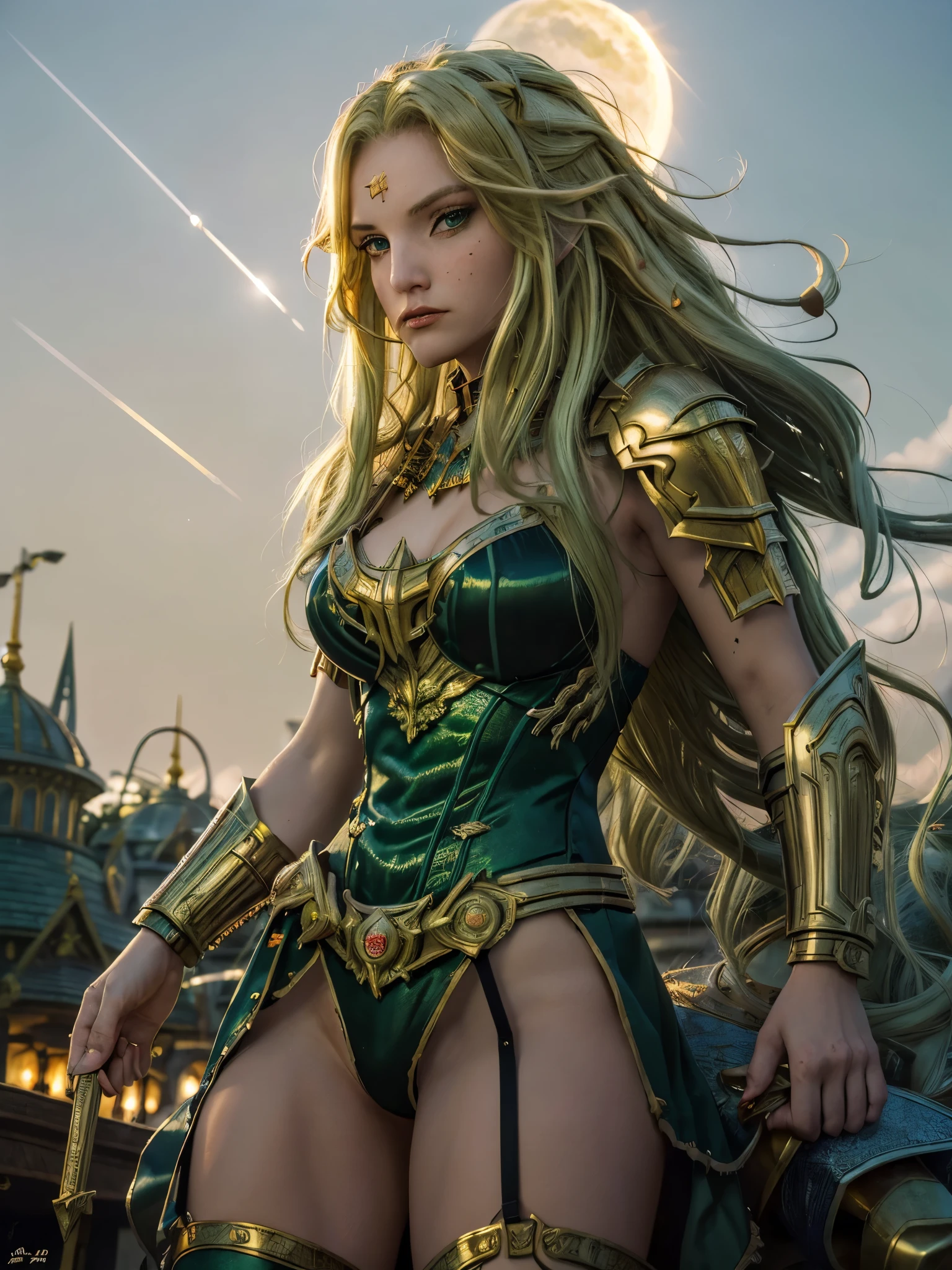 (Masterpiece, 4k resolution, ultra-realistic, very detailed), (Theme of knights of the zodiac, charismatic, there is a girl at the top of the city, wearing a golden gold armor Sagittarius knight, she is a superhero), [ ((20 years), (long green hair:1.2), full body, (green eyes:1.2), ((fighting pose),show of strength), ((sandy urban environment):0.8)| (cityscape, at night, dynamic lights), (full moon)), liz.ashley 