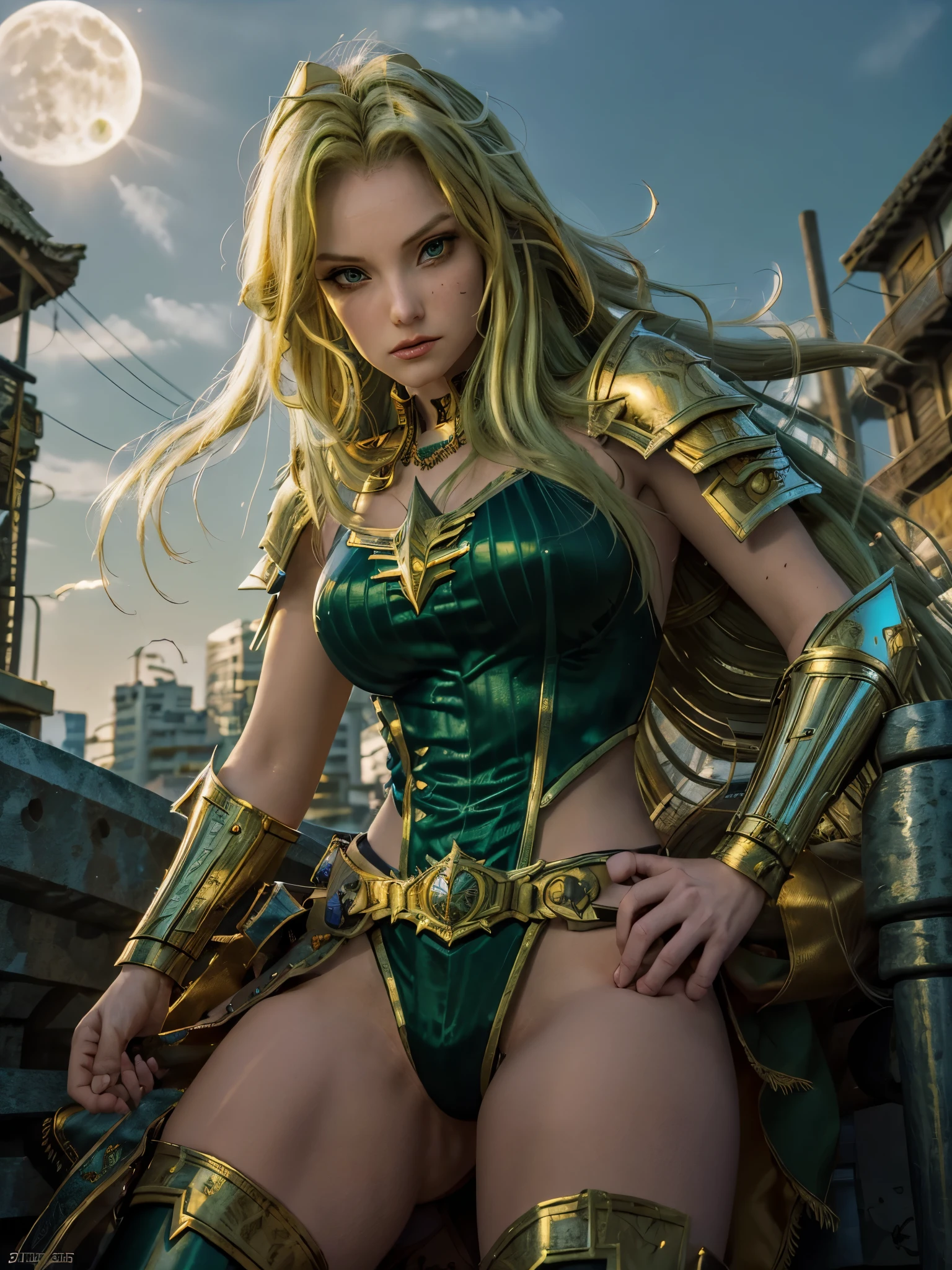 (Masterpiece, 4k resolution, ultra-realistic, very detailed), (Theme of knights of the zodiac, charismatic, there is a girl at the top of the city, wearing a golden gold armor Sagittarius knight, she is a superhero), [ ((20 years), (long green hair:1.2), full body, (green eyes:1.2), ((fighting pose),show of strength), ((sandy urban environment):0.8)| (cityscape, at night, dynamic lights), (full moon)), liz.ashley 