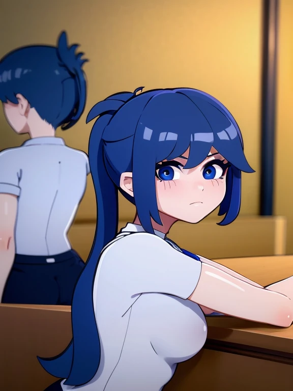 2 girl at work with blue hair and ponytail