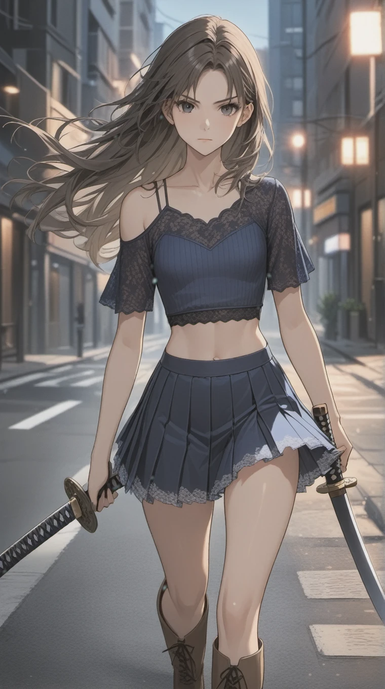 (((Adult woman)): (small pleated mini skirt, lace miniskirt, lace blue crop top, off shoulder's, windy effect, wind skirt lifting, white panties, flat chest, Black eyes, showing the whole body, brown skin, ((Black wavy hair)), High heel Beige boots. Closed mouth)); full body shot, running at street, Raccon Police Department background (RPD). High quality. 4k, 8k, many details. Masterpiece, accurate, anatomically correct, posing, detailed background, better quality, original work Focus on details, Jill Valentine, empty street, Front view, nightmare, holding a katana sword, at night