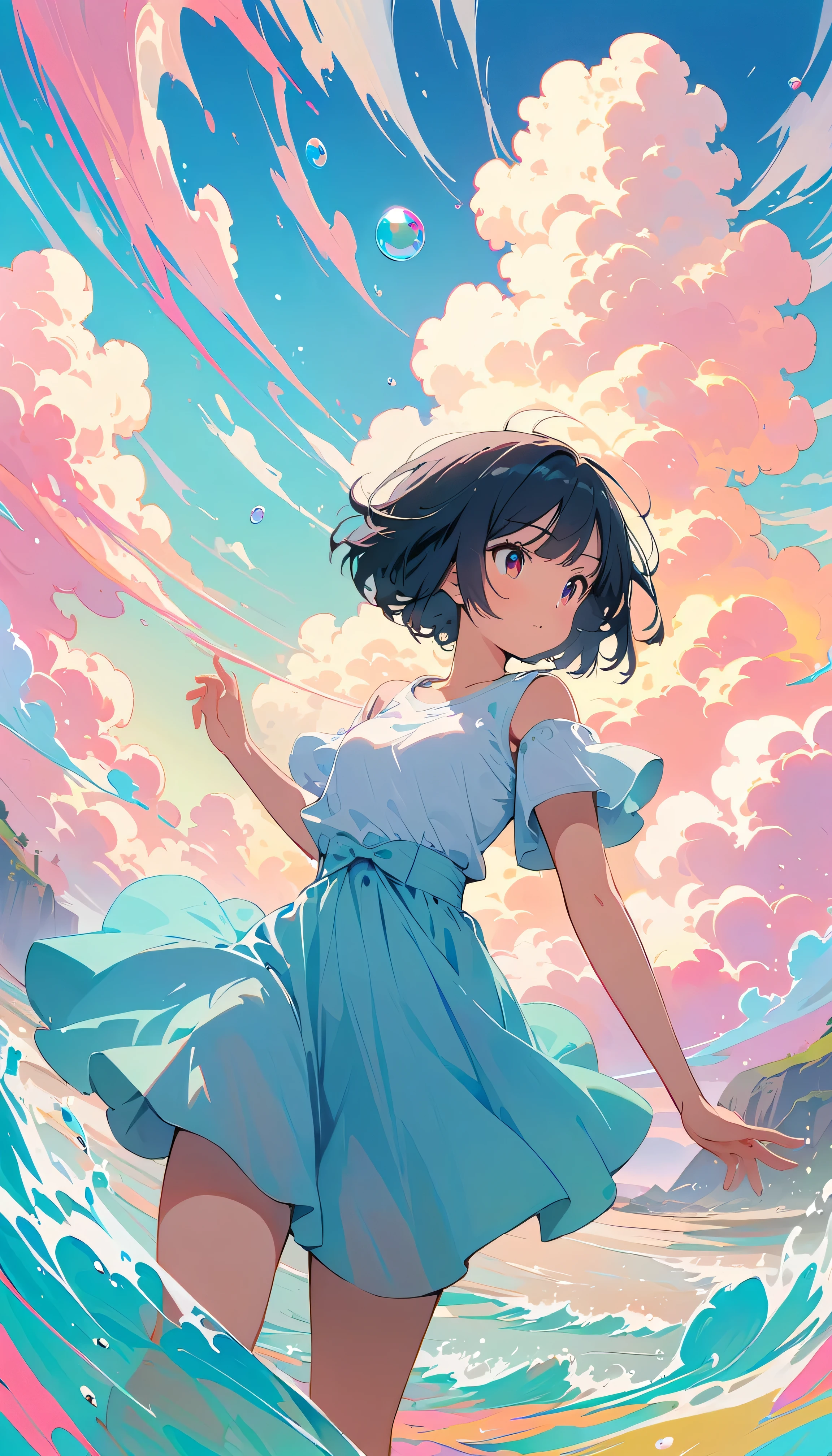 Best Quality, Super Fine, 8k, Unbelievably absurd, Very detailed, 2.5D, Beautiful Goddess, Soap bubbles, Pastel colored clouds, Sunshine, Pop Art, Delicate and dynamic, Pastel Color Fantasy, Black Hair, Bobcut, Very young, Small breasts, Official Art