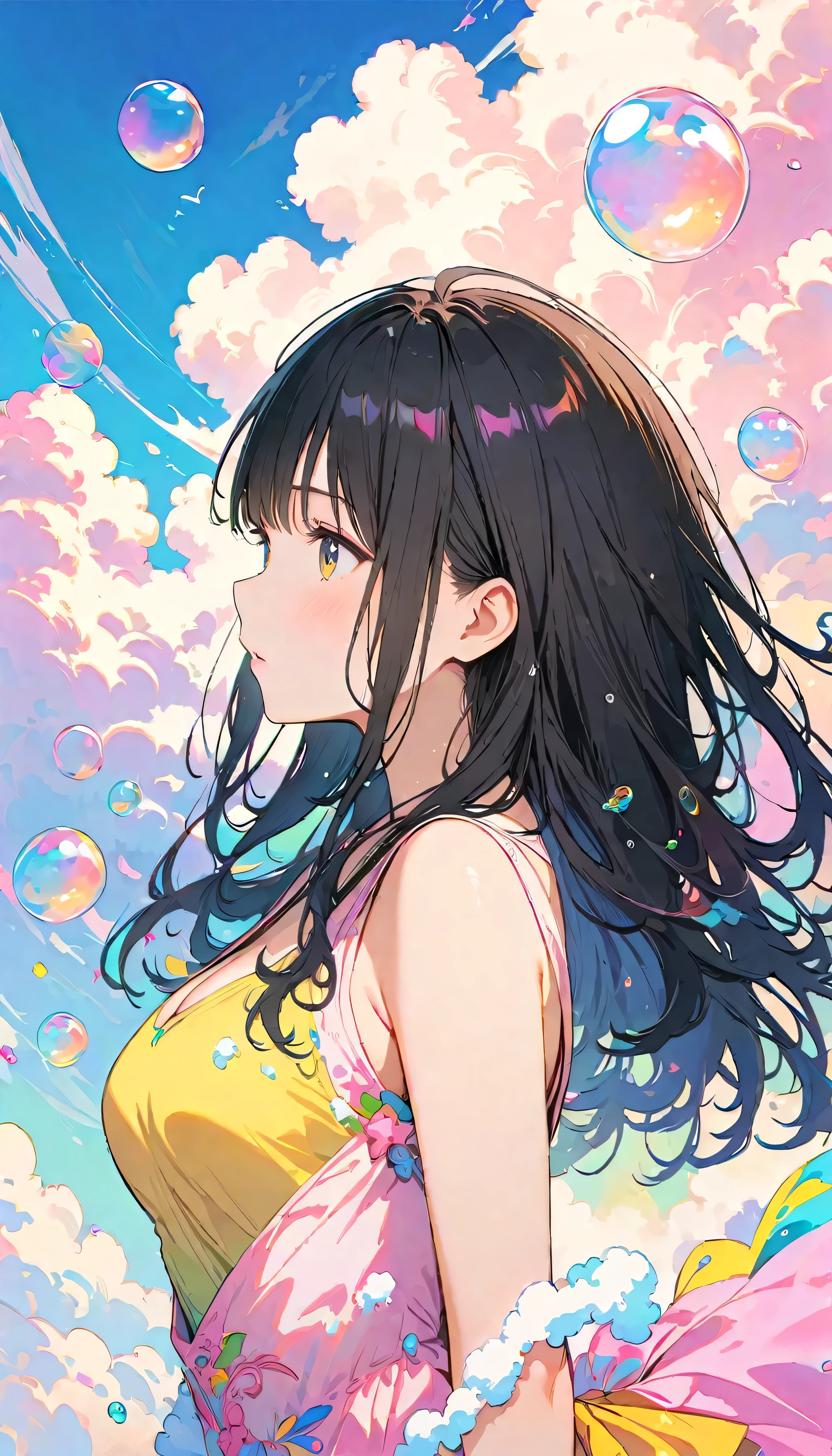 Best Quality, Super Fine, 8k, Unbelievably absurd, Very detailed, 2.5D, Beautiful Goddess, Soap bubbles, Pastel colored clouds, Sunshine, Pop Art, Delicate and dynamic, Pastel color fantasy, Black Hair, Official Art