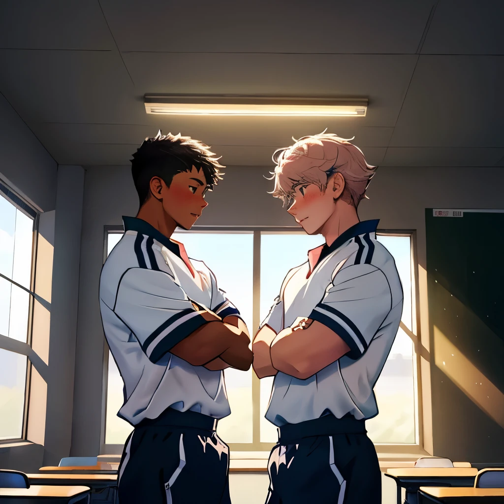 2children from , Parlero, dentro, (obra maestra, La mejor calidad, absurdos ), escuela,Classroom two shirtless kids are in school have sweatpants looking into each other's eyes sadly are in the sports room