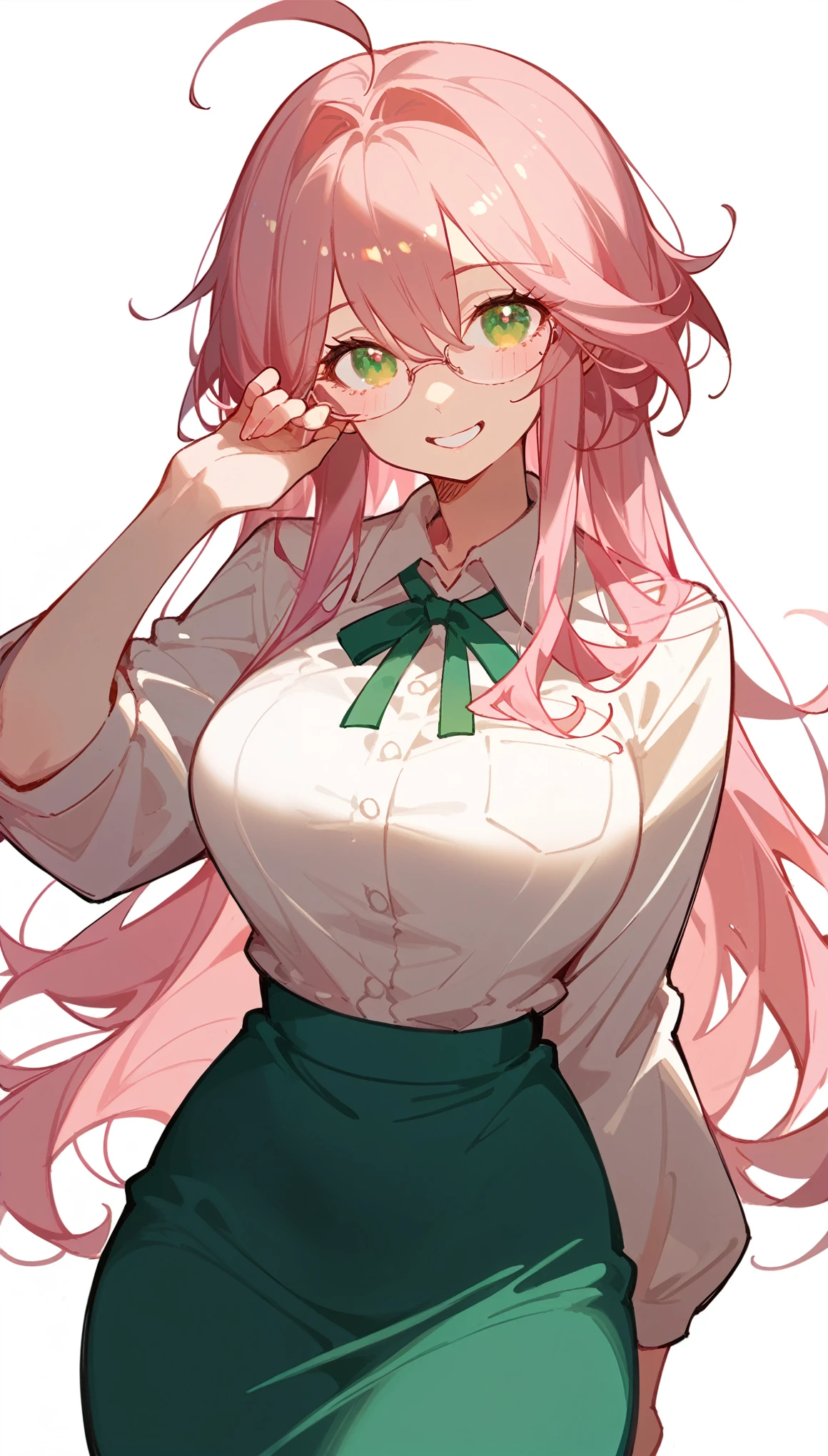 One Woman、private teacher、Big Breasts、Pink Hair、Long Hair、Ahoge、Kind older sister、Pink small glasses、Green Eyes、smile、Small eyes、Droopy eyeature