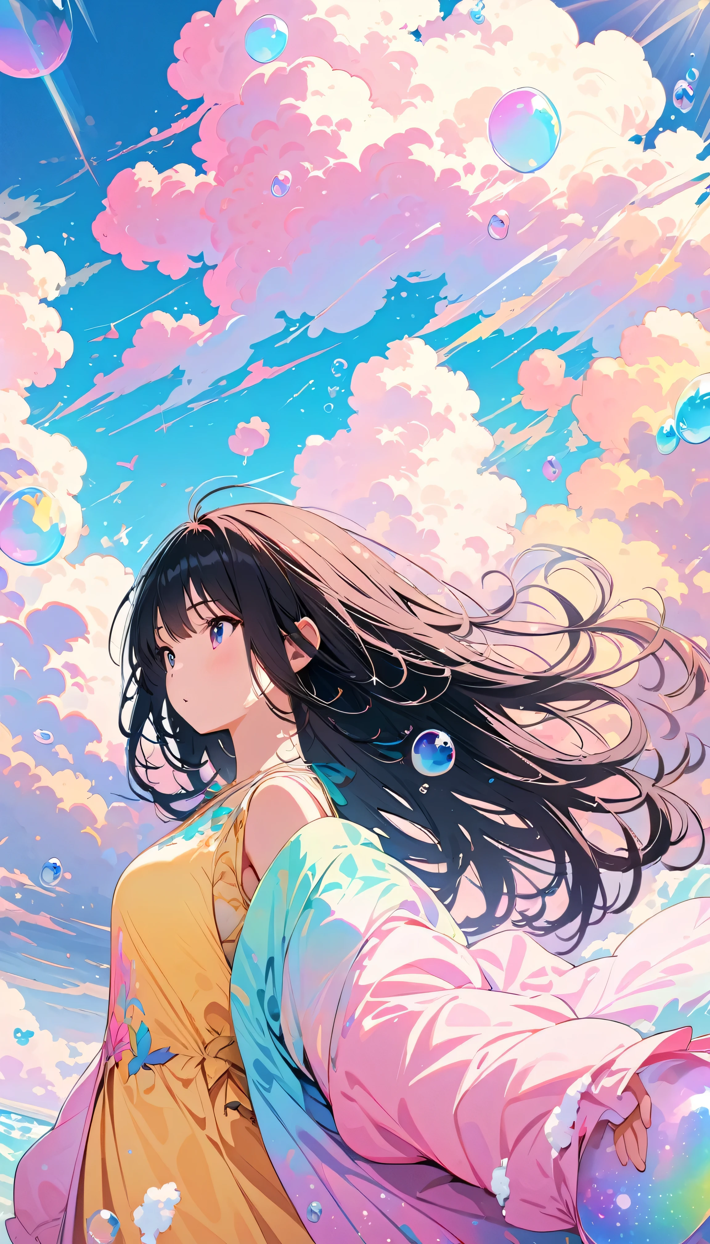 Best Quality, Super Fine, 8k, Unbelievably absurd, Very detailed, 2.5D, Beautiful Goddess, Soap bubbles, Pastel colored clouds, Sunshine, Pop Art, Delicate and dynamic, Pastel Color Fantasy, Black Hair, Official Art