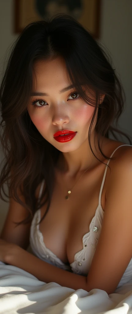 highest quality, epic realistic, ((in the pitch black darkness :1.4)), ((portrait:1.5)),(background: dark ) high contrast ,glorious picture, lowest lux, lighting face, she's comfortable, wearing lingerie, looks incredible, (8k, Raw photo, Highest quality),(epic realistic:1.5), a woman, face,(detailed eyes:0.8),(looking at the camera:1.4), (Highest quality), ( high contrast, deep shadows),Intricate details,cinematic,((skin:1.4)), (long dark hair:1.3), long hair, messy ,(Hdr:1.5),Detailed, colors, Superior quality, Masterpiece, Raw Photo (20-year-old, looking at viewer), beautiful, (wearing underwear,), perfect, natural, perfect composition, portrait, perfect face, smiling expression, Captivating eyes, Bright details, Tight lips, (High Skin Detail),, (blue tint: 0.6), (sale: 0.8), (bloody: 0.7), Key lighting , (backlight: 0.5), Medium depth of field, Canon 5d, 50mm lens, f/4 apertures, (Ultra-detailed, Complex detail), sharp focus, soft colors, 8k, Absurd, 80mm, dark background, photography, smiling, medium ,