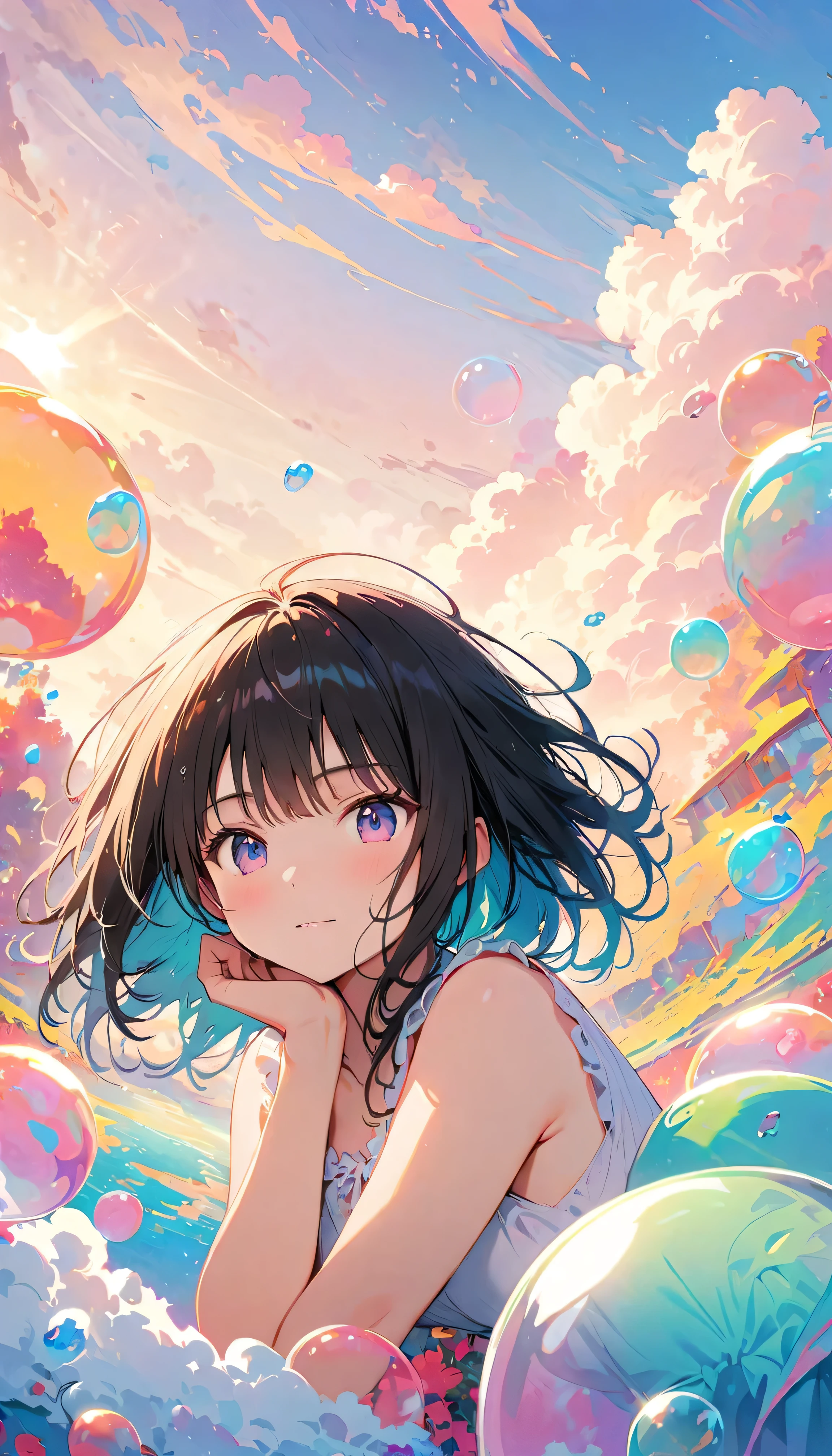 Best Quality, Super Fine, 8k, Unbelievably absurd, Very detailed, 2.5D, Beautiful Goddess, Soap bubbles, Pastel colored clouds, Sunshine, Pop Art, Delicate and dynamic, Pastel Color Fantasy, Black Hair, Official Art