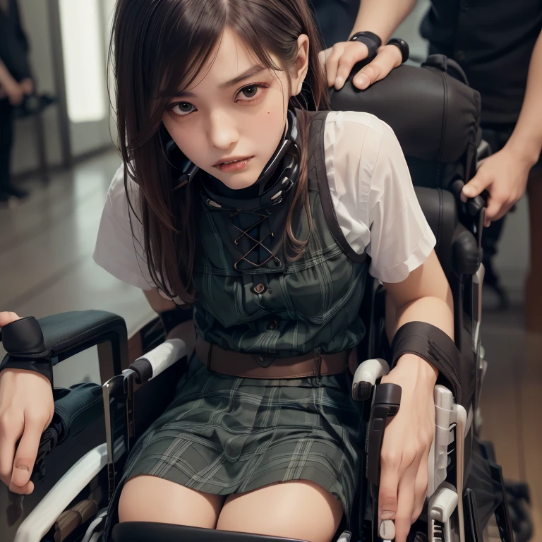 1girl,3boy,((((realistic very cute japanese anorexic girls is on wheelchair:1.5))))),((((male fierce molesters are surrounding wheelchair:1.8)))),4K, 8K, (Masterpiece, best quality:1.2),Very realistic eyes, perfect face,24years old,(((thin girl:1.5))),(((skinny girl:1.5))),(((slim girl:1.5))),((small girl)),((childish girl)),shinny white skin,Narrow waist,((wearing white ruffle blouse,green and black plaid skirt,brown leather lace up boots)),dark brown semi long hair,(((facing viewer))),((Anxious)),((worried)),((fear)),in dark cage