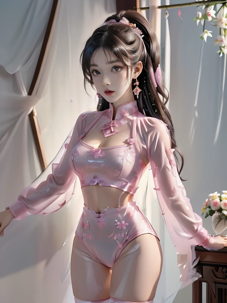 ((A woman)), 美丽脸庞的Sexy中国华裔女明星, Wearing pink, Wearing pink透明衬衫, Wearing pink透明裤子, The pants are very fluffy，Completely round，Perfect sphere, High quality
((Transparent adhesive clothes: 1.5), (Revealing clothes: 1.5),  (Wet clothes:1.5), (Color of clothes: Pink), ((Wearing transparent clothing)))
(((night, Next to the waterfall, Fallen Leaves, moonlight, dark clouds))),
((desktop:1.0), (Highest quality:1.0), (high resolution:1.2), (Reality:1.0),( Ultra HD:1.3))
((8K Ultra HD, 8K, 超high resolution, Best quality, Super Fine, Clear focus. Masterpieces, complete pattern, Detailed photos, Best image quality，Ultra-clear，Delicate facial features, Well-defined, Highly rated works, Close-up depth of field photography, Above the knee, Symmetrical character)), 
((Creating the image of a real girl), Realistic shadows, Soft lighting, Dynamic Angle, Dynamic poses, Elegant Posture, Cowboy lens, Full body front view, Be confident, Facing the camera, Eyes looking towards camera lens, Standing posture, Open your legs slightly, Golden Ratio Graphics, Minimalism, Center the character), 
( Smile, Sexy的, Balanced Eyes, Realistic eyes, Beautiful details of the eyes,Pretty Face, (Realistic face), Normal facial features, Realistic skin, Pay attention to skin details, Skin is clean and radiant, Whitening, Anatomically correct body, Golden ratio figure, Sexy的身材), 
(Perfect makeup, Gloves, earrings</input></xml>, bracelet, necklace, Jewelry, Hair accessories, shawl, sock, Knee socks, 吊garter, Leg ring, garter, 腿部garter), 
((beautiful hair), Dark black hair, Wavy curly hairstyle, Waist-length hair, Messy Hairstyle, Gradient hairstyles, Cyberpunk Hairstyle, High double ponytail hairstyle, Bangs), 
(Sexy的, Perfect breast shape, Teardrop chest shape, Snow-white breasts, Very detailed breasts, 34C cup), 
(Super high waist, Deep V, Low-cut, Sexy, Flattering, Open crotch, (Clear camel toe, (High fork strangulation))),
(((Clear outline, Clear underwear, 透明Sexy的穿着)))