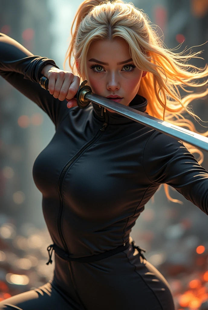 (masterpiece),(Highest quality),(Highest quality),(High resolution),(Super detailed),8k,wallpaper,(Best illustrations),(One Woman),(blonde),(ponytail),(Black high leg bodysuit),(See-through tights),(boots),(((Preparing for battle,Holding a large Japanese sword:1.6,Draw your sword:1.6,Samurai's stance:1.6))),((Look here:1.6)),(Serious),(darkness:1.6),(Beautiful Face,Beautiful Skin,Big Breasts,Thick thighs,Functional,Voluptuous),(Beautiful female hands:1.6),(Detailed hands:1.6),dynamic