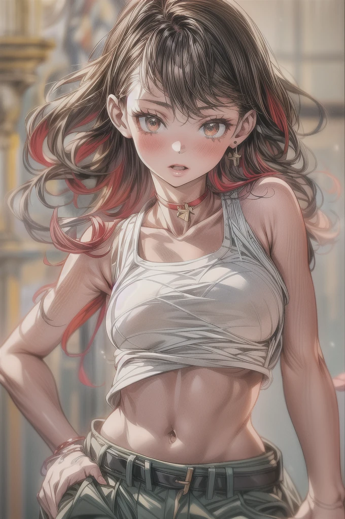 a woman standing, wearing a white and red tank top, cargo pants, white sneakers, photorealistic, (best quality,4k,8k,highres,masterpiece:1.2),ultra-detailed,(realistic,photorealistic,photo-realistic:1.37),extremely detailed eyes and face,longeyelashes,highly detailed skin,beautiful detailed eyes,beautiful detailed lips,natural lighting,cinematic,intricate details,vivid colors,warm color tones, dynamic pose, yoimiyadef, yoimiyarnd