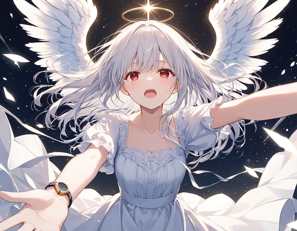 Anime Style,One woman,Angel,Crying,Mouth open,White Hair,Long Hair,Red eyes,Shining Eyes,Shining Eyesのハイライト,Wings as big as rubies,White Dress,Black pattern,disaster々Shii,Arms outstretched,抱いて欲Shii 女性を強調,Blur the background,Front angle masterpiece,Best Quality,Exquisite,8k,Absurd,Ultra-detailed illustrations,(Watch the audience)