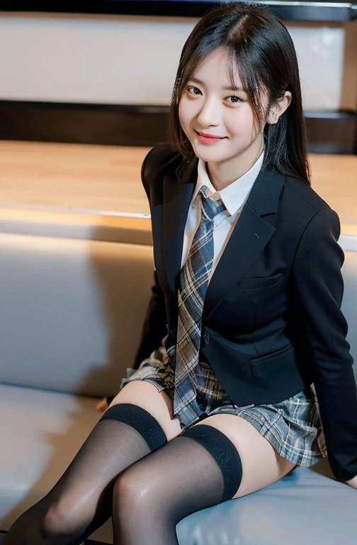 (8k), (Best Quality: 1.2), (Realistic), (Realistic: 1.37), Ultra-high resolution, 1 girl, cute, smile, Mouth closed, Beautiful details, Beautiful Nose黒い目，Beautiful black hair,,Giant Dulcefo, pork, Thighs，Self Snap,College Student Uniform,Sitting on a couch in a fast food restaurant,A simple blazer,Grey pleated skirt,(The tie has a tartan check pattern....:1.3), (Face close-up),(光沢のあるThighs),(From above),(Opaque blue knee-high socks:1.2)
