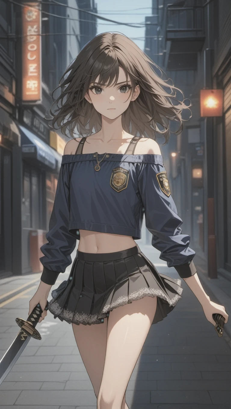 (((Adult woman)): (small pleated mini skirt, lace miniskirt, lace blue crop top, off shoulder's, windy effect, wind skirt lifting, white panties, flat chest, Black eyes, showing the whole body, brown skin, ((Black wavy hair)), High heel Beige boots. Closed mouth)); full body shot, running at street, Raccon Police Department background (RPD). High quality. 4k, 8k, many details. Masterpiece, accurate, anatomically correct, posing, detailed background, better quality, original work Focus on details, empty street, Front view, nightmare, holding a katana sword, at night