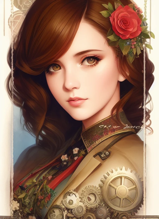 Charlie Bowater realistic Lithography sketch portrait of a woman, flowers, [gears], pipes, dieselpunk, multi-colored ribbons, old paper texture, highly detailed