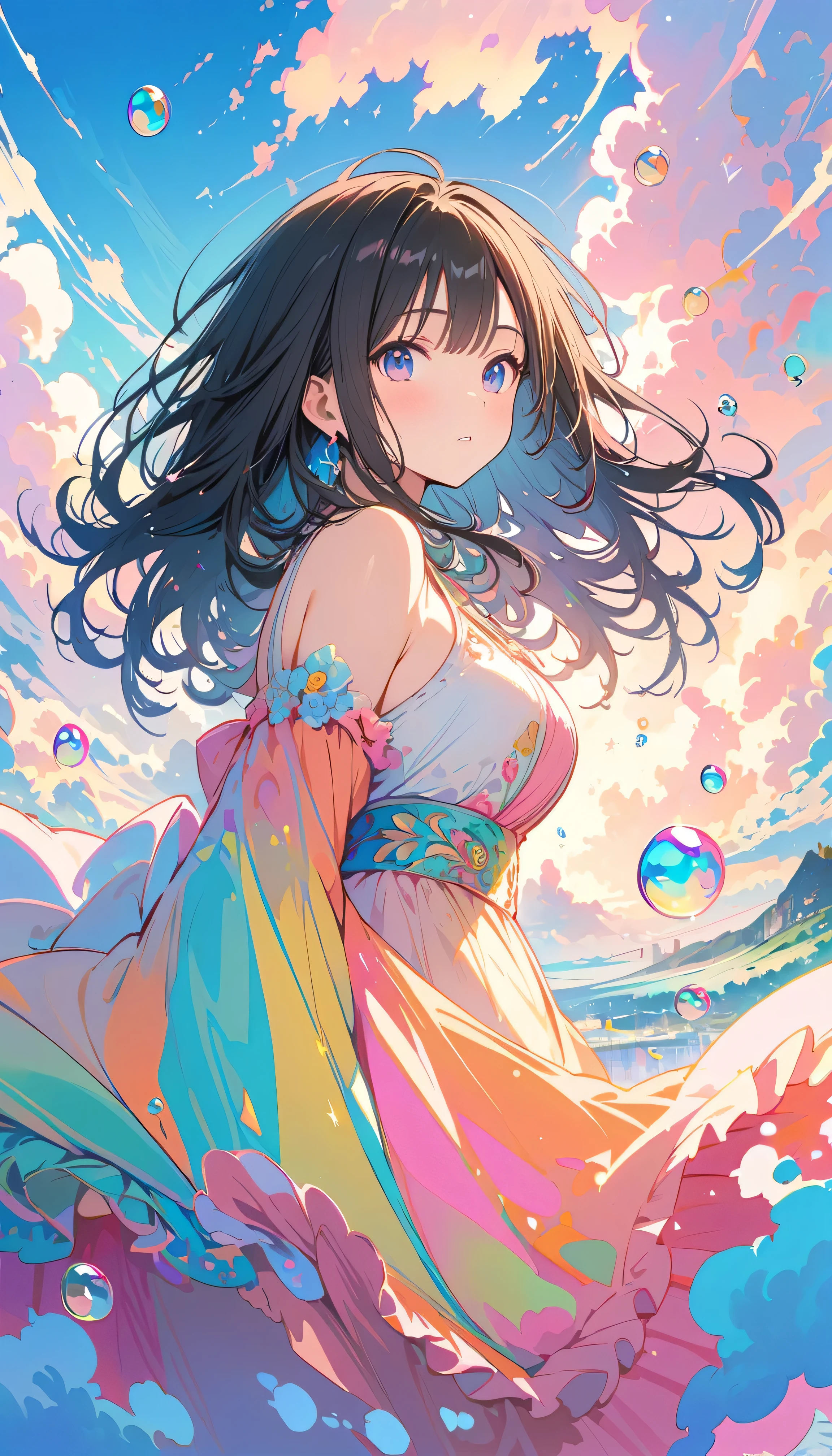 Best Quality, Super Fine, 8k, Unbelievably absurd, Very detailed, 2.5D, Beautiful Goddess, Soap bubbles, Pastel colored clouds, Sunshine, Pop Art, Delicate and dynamic, Pastel color fantasy, Black Hair, Official Art