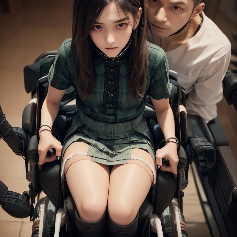 1girl,3boy,((((realistic very cute japanese anorexic girls is on wheelchair:1.5))))),((((male fierce molesters are surrounding wheelchair:1.8)))),4K, 8K, (Masterpiece, best quality:1.2),Very realistic eyes, perfect face,24years old,(((thin girl:1.5))),(((skinny girl:1.5))),(((slim girl:1.5))),((small girl)),((childish girl)),shinny white skin,Narrow waist,((wearing white ruffle blouse,green and black plaid skirt,brown leather lace up boots)),dark brown semi long hair,((Anxious)),((worried)),((fear)),in dark cage,(((bird's eye view))),