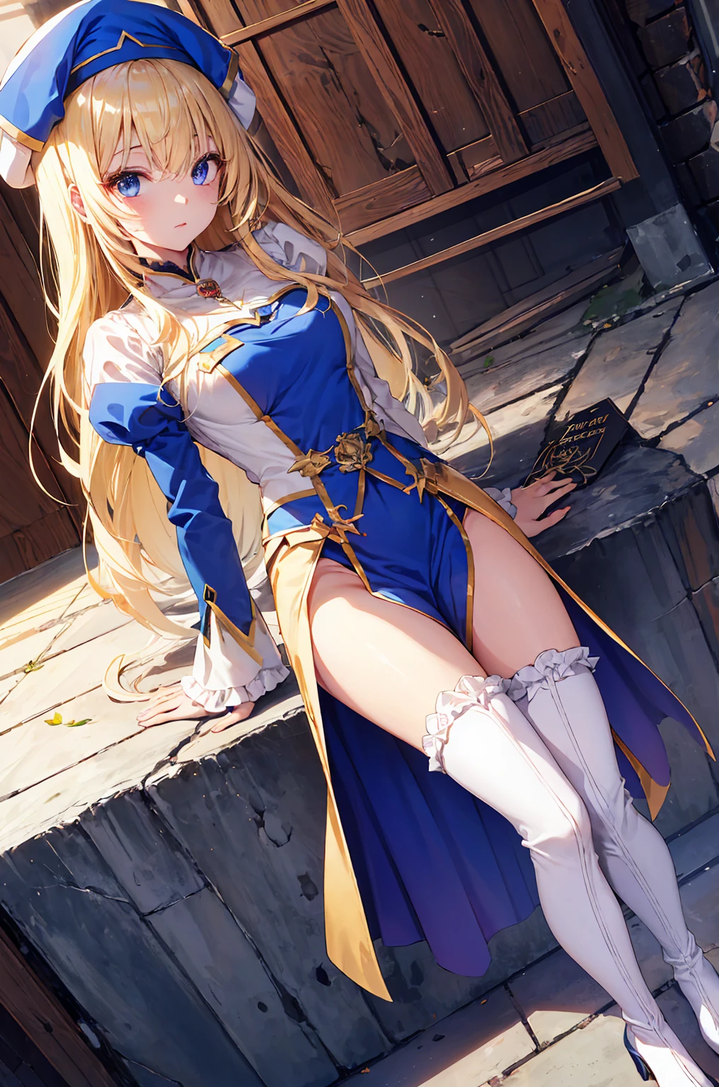 yellow long hair,Western fantasy,magia,Castle fantasy,Blue and brown clothes,Good-looking legs,Ultra photo realsisim, Castle,hair adornments