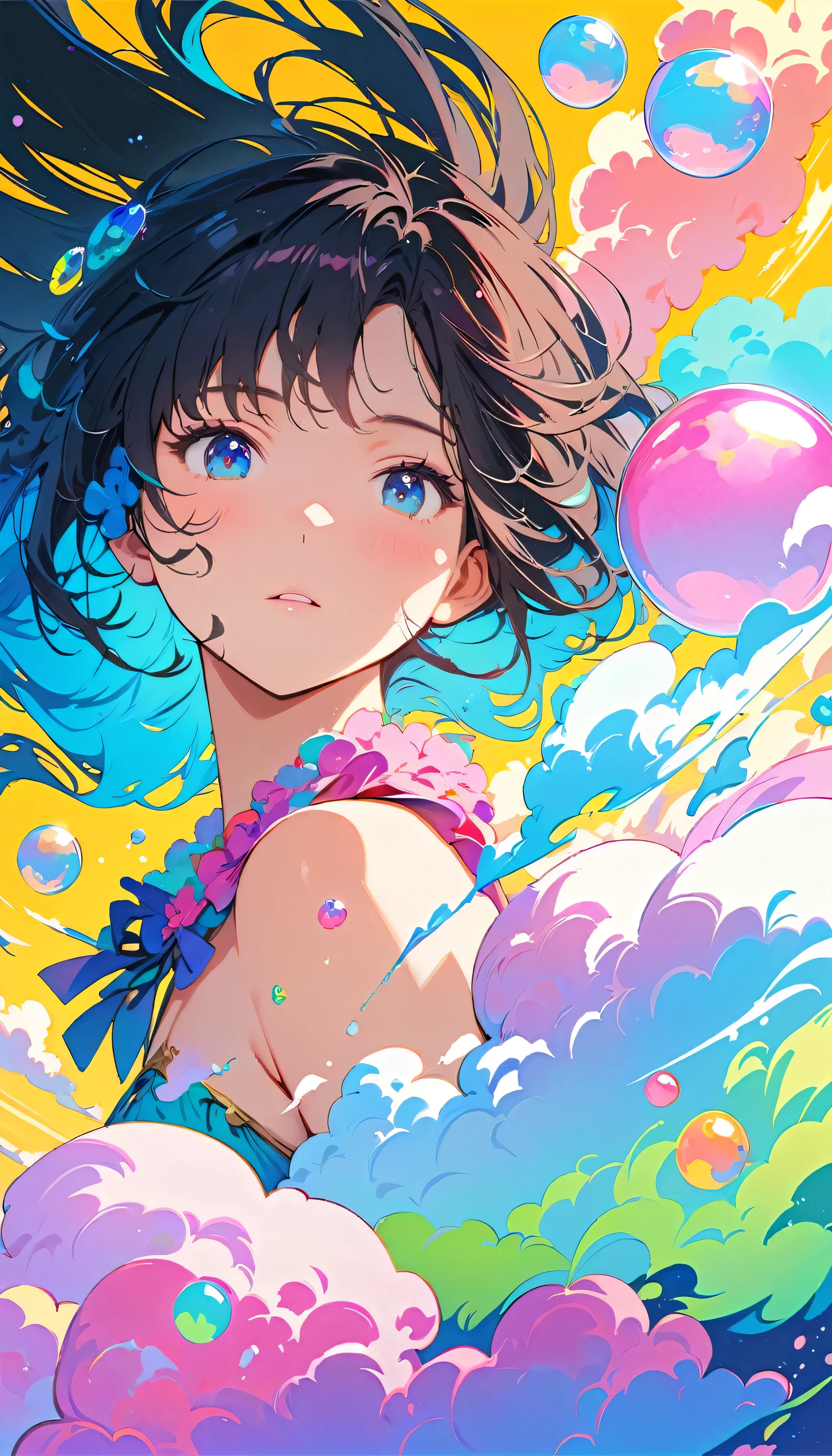 Best Quality, Super Fine, 8k, Unbelievably absurd, Very detailed, 2.5D, Beautiful Goddess, Soap bubbles, Pastel colored clouds, Sunshine, Pop Art, Delicate and dynamic, Pastel Color Fantasy, Black Hair, Official Art