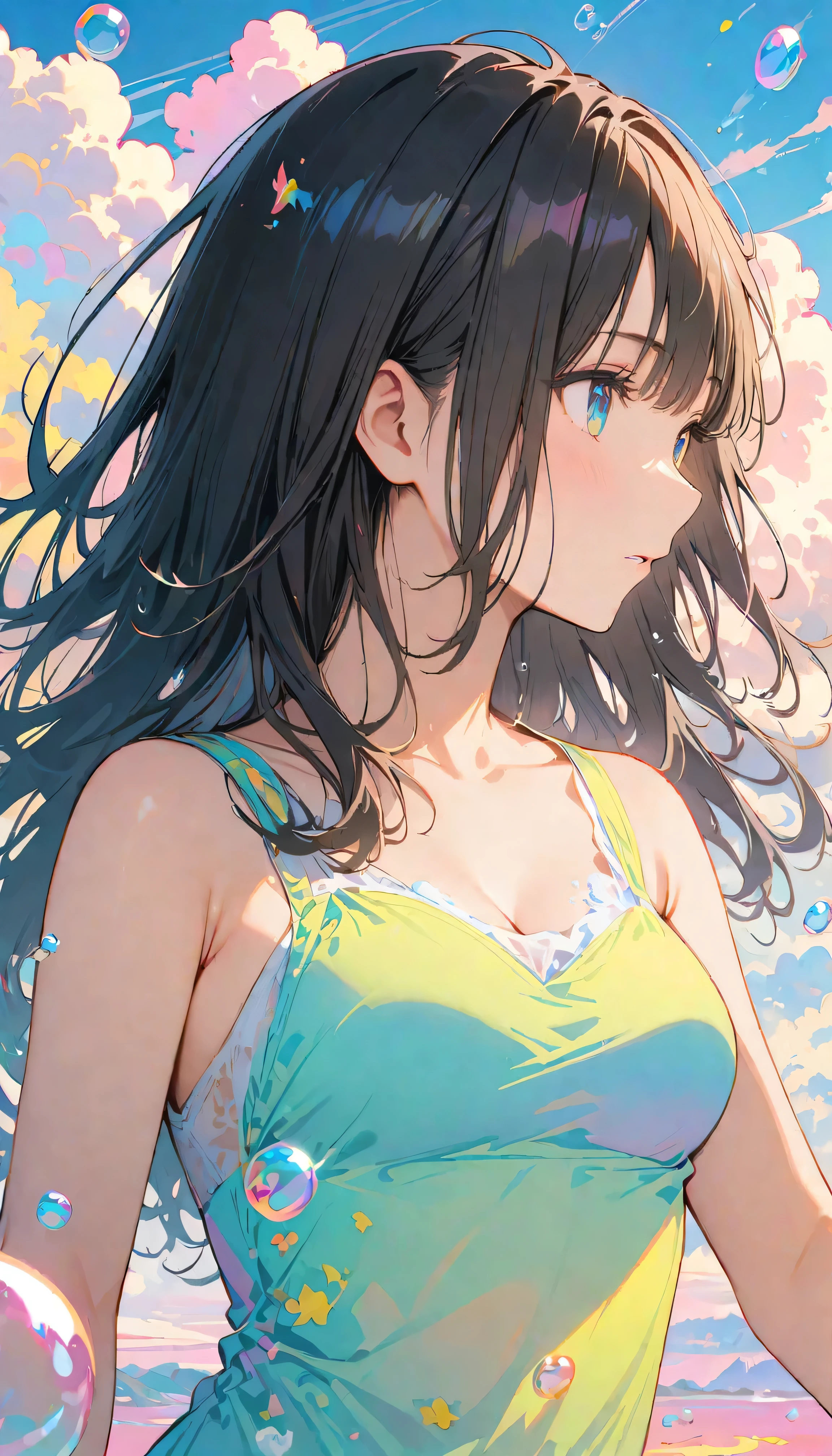 Best Quality, Super Fine, 8k, Unbelievably absurd, Very detailed, 2.5D, Beautiful Goddess, Soap bubbles, Pastel colored clouds, Sunshine, Pop Art, Delicate and dynamic, Pastel color fantasy, Black Hair, Official Art