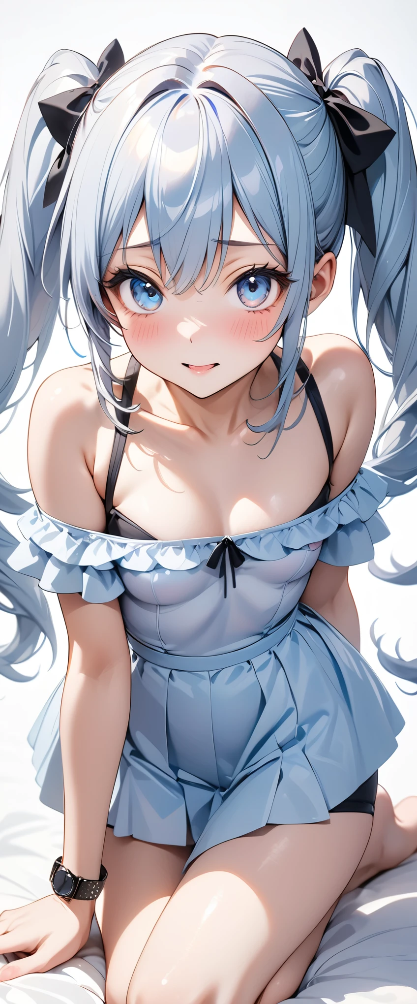 best quality, ultra precision, 1girl, cute, little girl, young, boyish, childish, small breasts, Long silver hair, Cyan eyes, beautiful eyes, girl, ecstasy, blue dress, start to undress, naughty mood, bare, she loves you, sexy. lost virgin, virgin, blush, beautiful skin, big bow on chest I'm not wearing panties