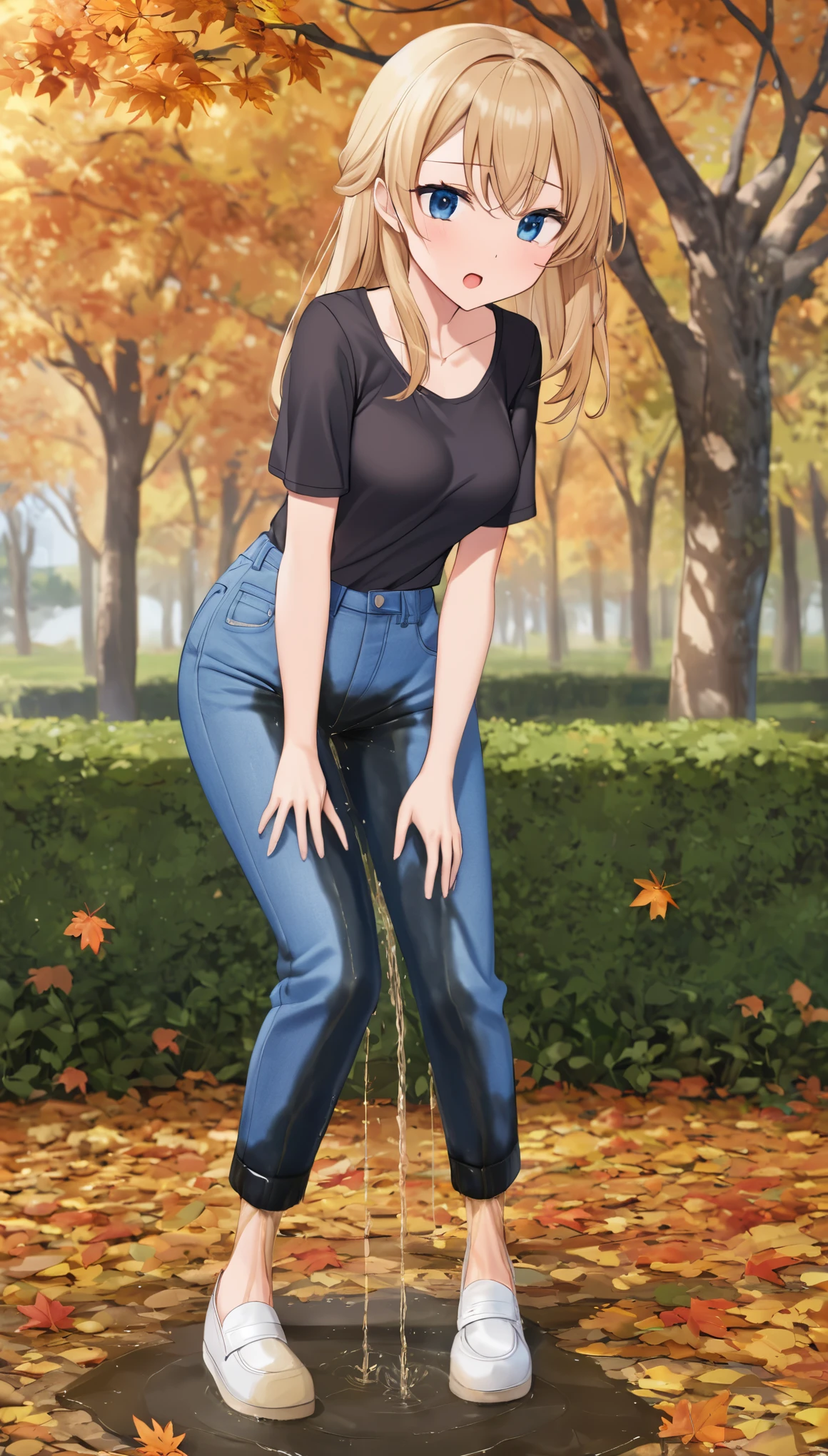 ((1girl, solo)), full body, sitting on bench, spread legs, cameltoe, sleeping, closed eyes, blushing, ((curvy, large breasts, wide hips, thigh thighs)), beautiful woman, long hair, blonde hair, bangs, ((wetting self, pee stains, puddle)), ((white long sleeve shirt, shirt tucked inside pants, mom jeans, black mary janes))