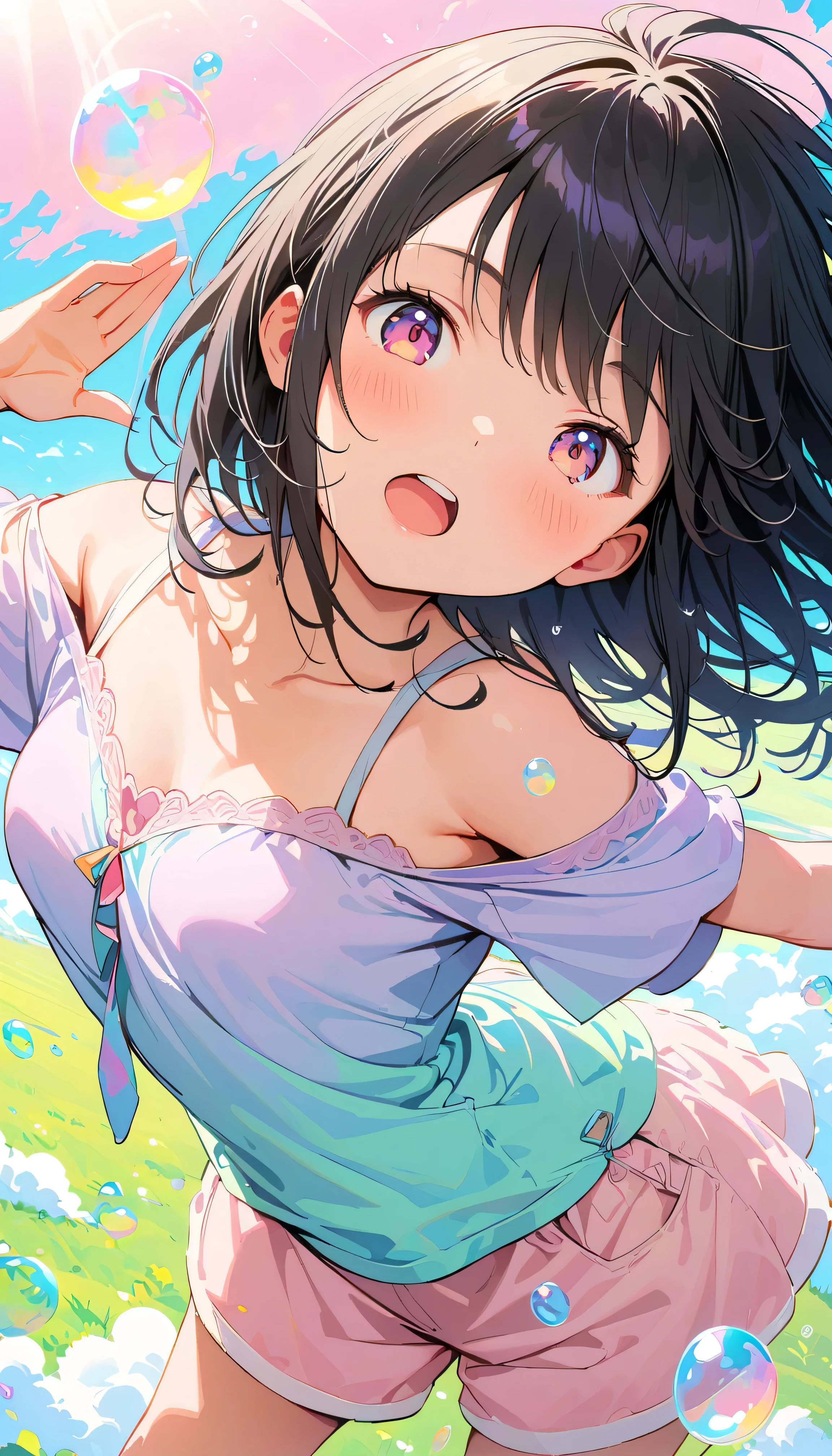 Best Quality, Super Fine, 8k, Unbelievably absurd, Very detailed, 2.5D, Beautiful Goddess, Soap bubbles, Pastel colored clouds, Sunshine, Pop Art, Delicate and dynamic, Pastel Color Fantasy, Black Hair, young, Small breasts, Official Art