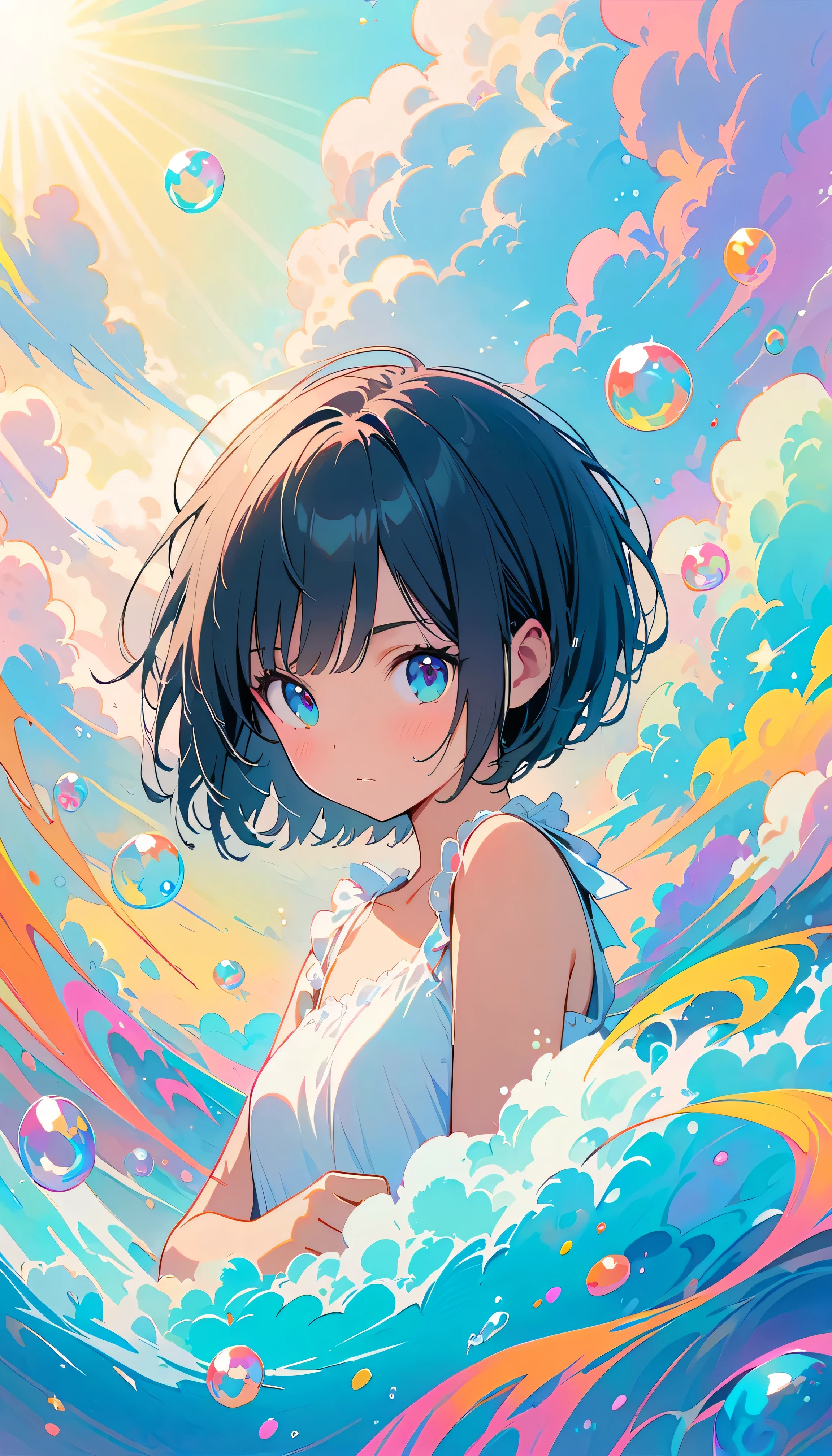 Best Quality, Super Fine, 8k, Unbelievably absurd, Very detailed, 2.5D, Beautiful Goddess, Soap bubbles, Pastel colored clouds, Sunshine, Pop Art, Delicate and dynamic, Pastel Color Fantasy, Black Hair, Bobcut, Very young, Small breasts, Official Art