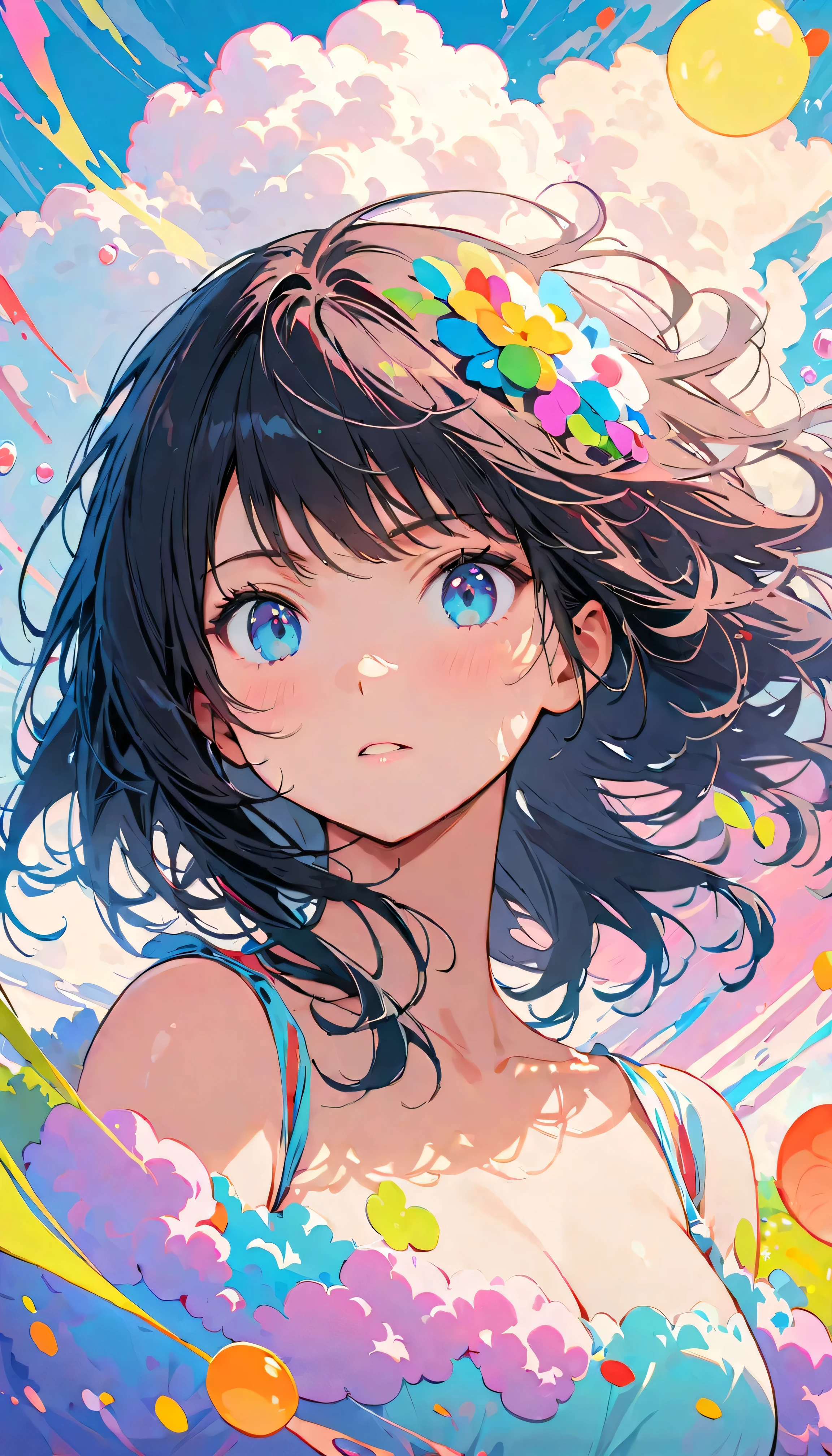 Best Quality, Super Fine, 8k, Unbelievably absurd, Very detailed, 2.5D, Beautiful Goddess, Soap bubbles, Pastel colored clouds, Sunshine, Pop Art, Delicate and dynamic, Pastel Color Fantasy, Black Hair, Official Art