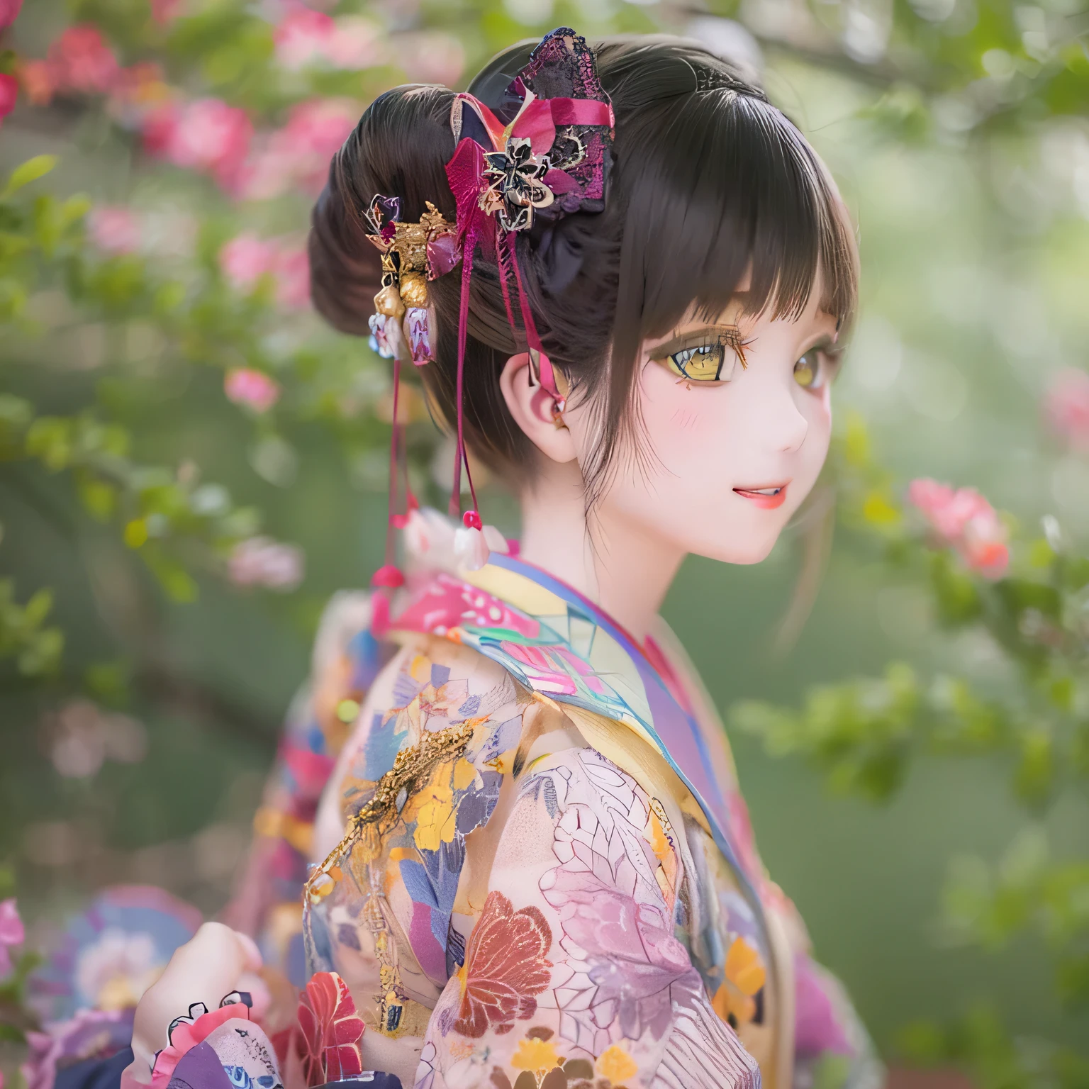 (Best Quality,High resolution,masterpiece:1.2),Very detailed,Realistic,(Me in a kimono,Beautiful details,Beautiful lips detailsVery detailed eyes and face,Long eyelashes),Traditional Japanese,geisha,hairpin,Delicate embroidery,Floral,Sleeves flow,Harmonious colors,Soft lighting、Smiling face with a fan、Bobcut、Black Hair