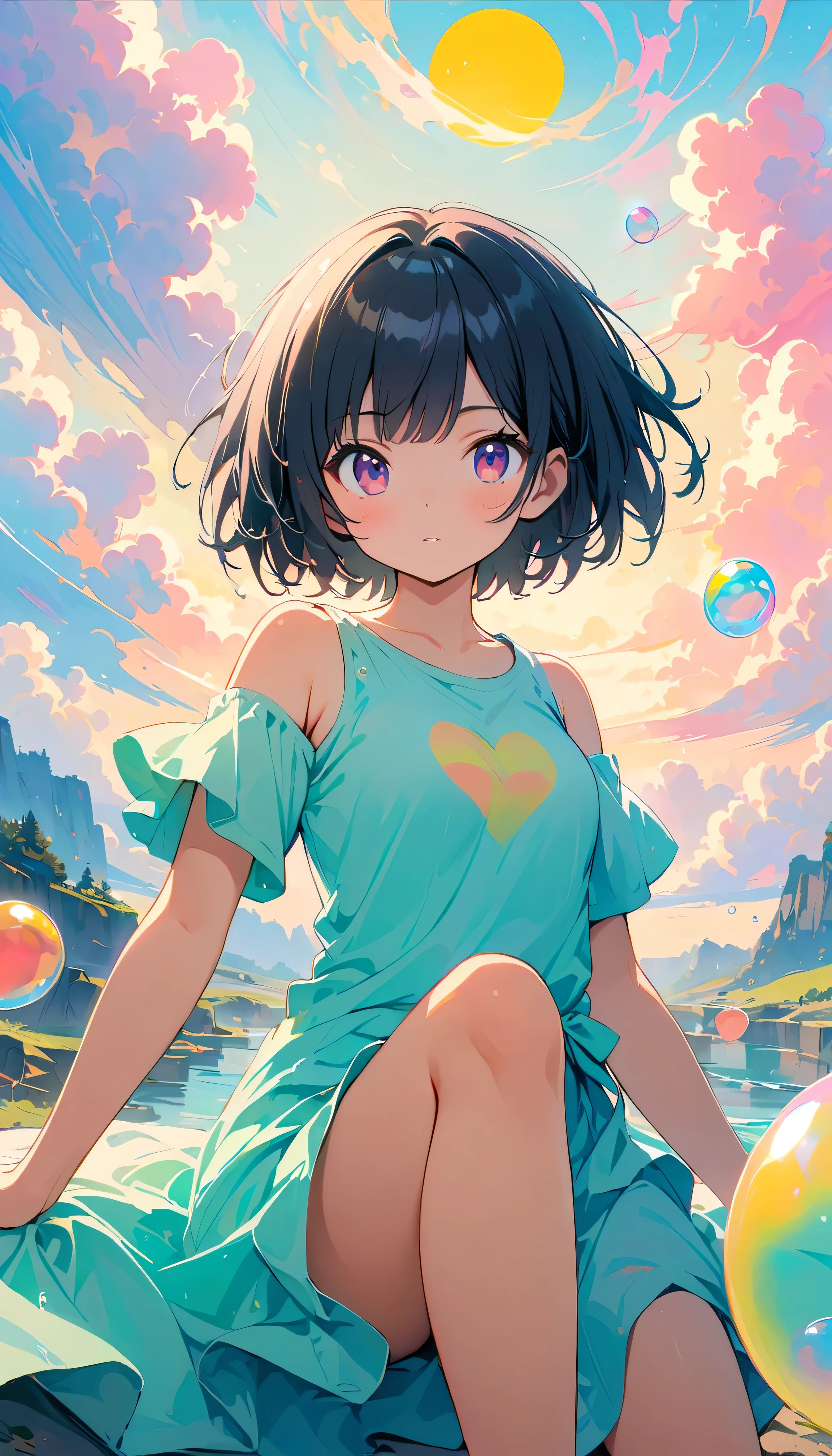 Best Quality, Super Fine, 8k, Unbelievably absurd, Very detailed, 2.5D, Beautiful Goddess, Soap bubbles, Pastel colored clouds, Sunshine, Pop Art, Delicate and dynamic, Pastel Color Fantasy, Black Hair, Bobcut, Very young, Small breasts, Official Art