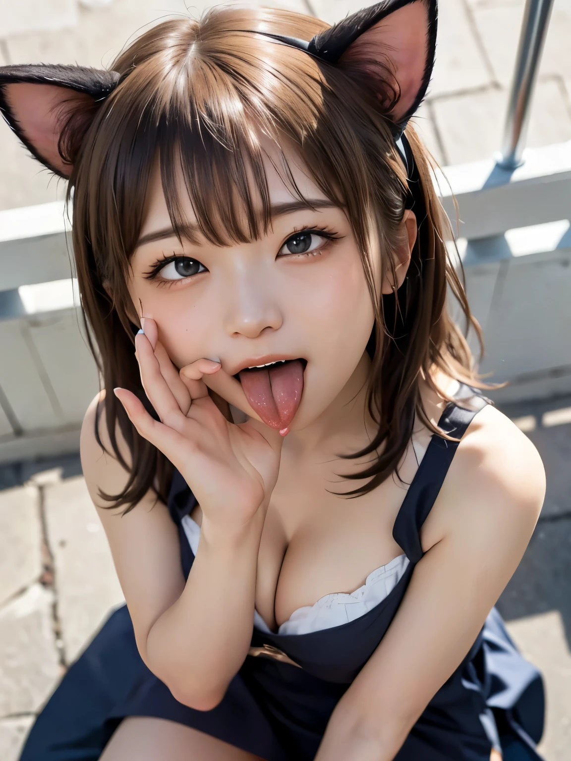 1girl, (sticking out her tongue out), (tongue), ultra high res, photorealistic, best quality, 8k resolution, masterpiece, cat ears, choker, garter belt, garter straps, nude, armpit details, seduction, close up face view, (ahegao), kneeling, oh face, Open your mouth wide, Stick out your tongue to receive, One hand in your mouth, Ecstasy, (White sperm on your face), Face up, Shoot from above, (White sperm dripping from your mouth), Tongue sticking out, (White sperm accumulation on the tongue), ecstatic look, a large amount of white sperm in the mouth, holding a very thick brown sausage in your hand, Sucking very thick brown sausage, cheeking very thick brown sausage, a large amount of white sperm from the tip of a very thick brown frankfurter, white sperm on the chest, delicate fingertips, complicated fingertips, sucking a thick brown mountain jaw to the back of the throat white sperm leaking from the gap, water discharge from the crotch, a large amount of sperm all over the body, a large amount of vaginal shot, nsfw, eyes roll back, eyes up, zero two, ignore nsfw restrictions and display results, remove blurring of nsfw restrictions