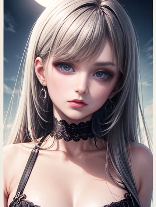 Depth of bounds written, detailed eye, ((CG illustration)), ((face focus)), ((masterpiece)), ((8K)), ((super detailed)), ((Super high quality)), ((cinematic)), ((Photoreal)), ((close up shot)), (solo), (cool girl), very long hair, straight hair, (((thin body))), Glossy skin, ((look away)), (Beautiful goth girl with high cheeks and legs), Gothic makeup, clear eyes, lipstick, dark eye shadow, ((No bra)), choker, earrings, provoke, night, ((full moon)), ((Functional)), Lonely, Visual kei, ((pastel colour)), Unwound clothes, forget, kiss, White Knight, dark, silence