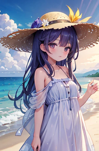 best quality, masterpiece, highres, solo, {sonoda_umi_lovelive:1.15}, long_hair, blue_hair, yellow_eyes, blush, bangs, hair_between_eyes, smile, hair_ornament, 1girl, day, dress, hat, looking_at_viewer, sky, sun_hat, swept_bangs, bare_shoulders, closed_mouth, outdoors, sleeveless, sundress, white_dress, cloud, hand_in_own_hair, sleeveless_dress, upper_body