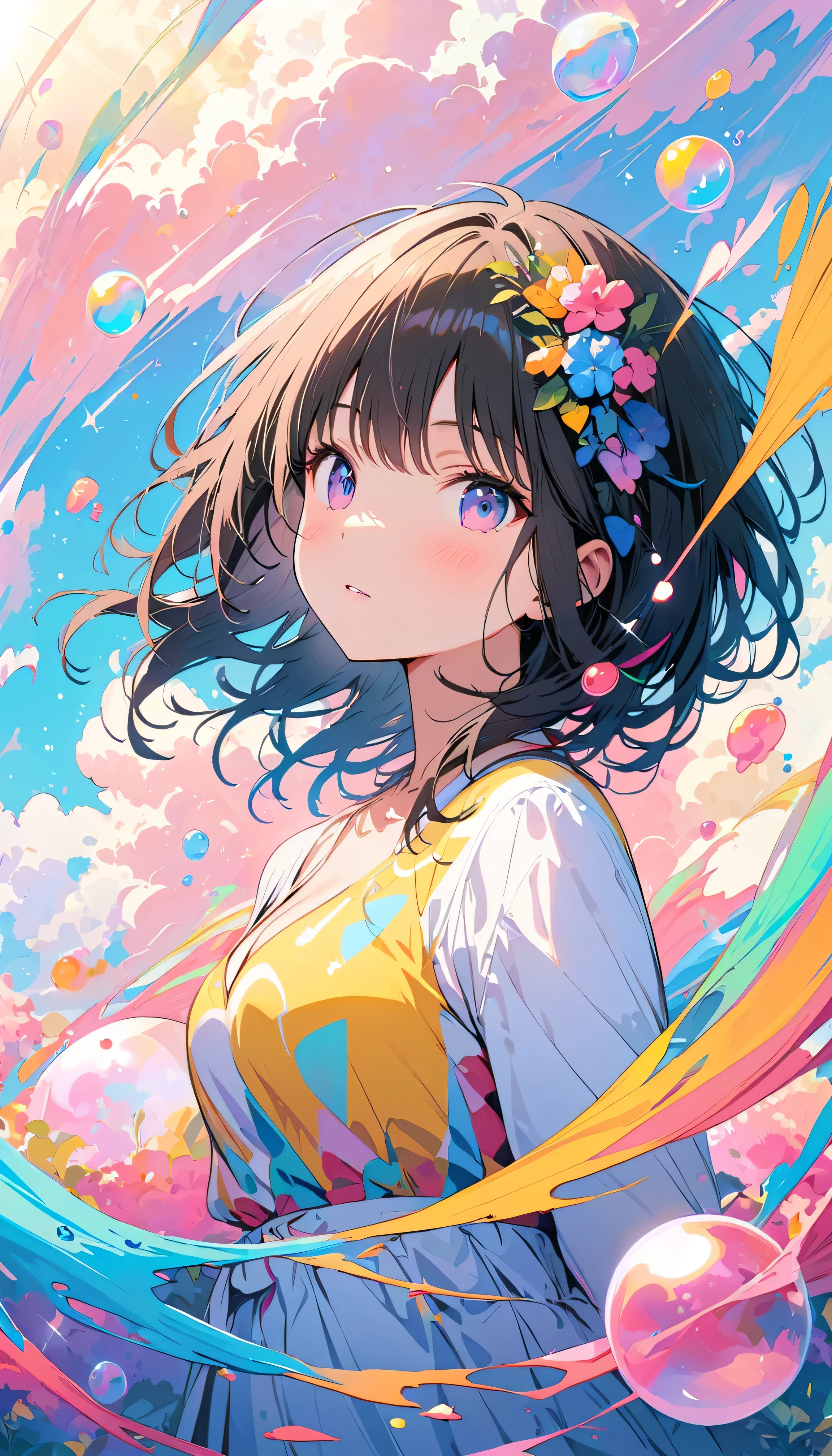 Best Quality, Super Fine, 8k, Unbelievably absurd, Very detailed, 2.5D, Beautiful Goddess, Soap bubbles, Pastel colored clouds, Sunshine, Pop Art, Delicate and dynamic, Pastel Color Fantasy, Black Hair, Official Art